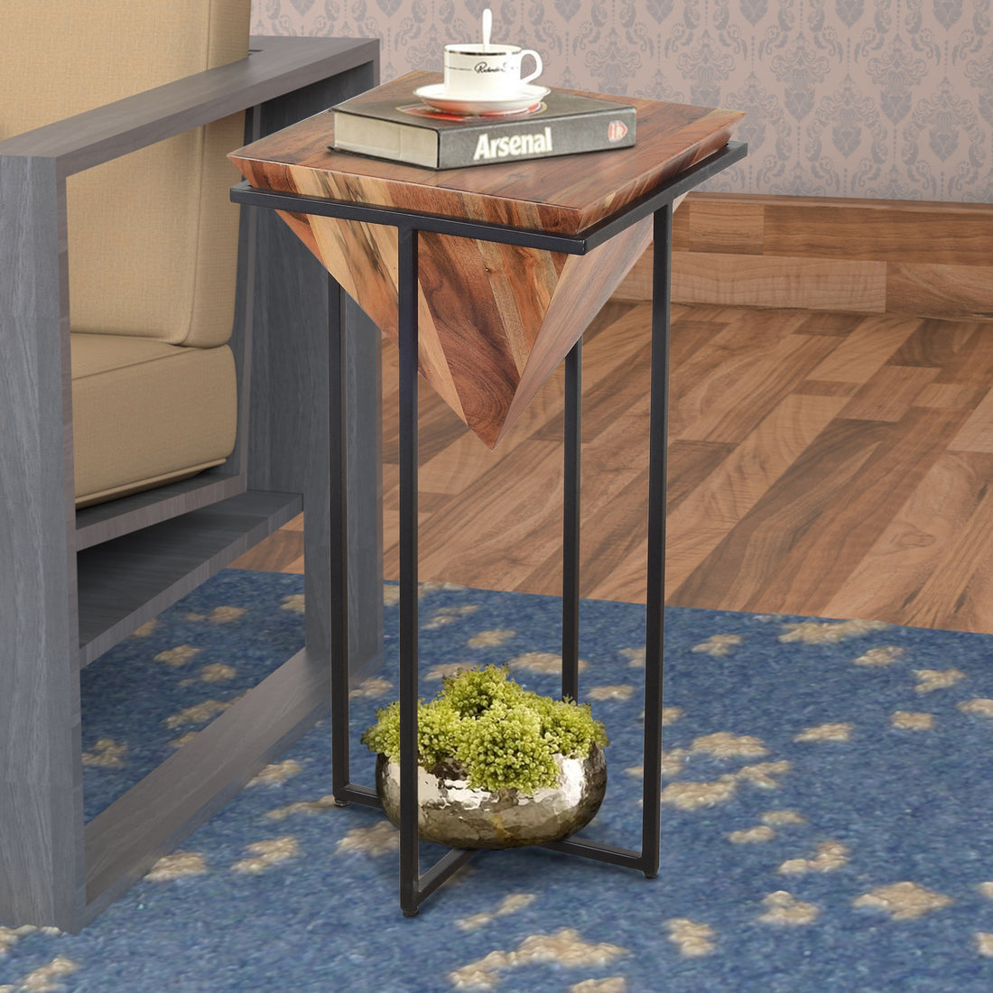 30 Inch Pyramid Shape Wooden Side Table With Cross Metal Base, Brown And Black Brown Solid Wood