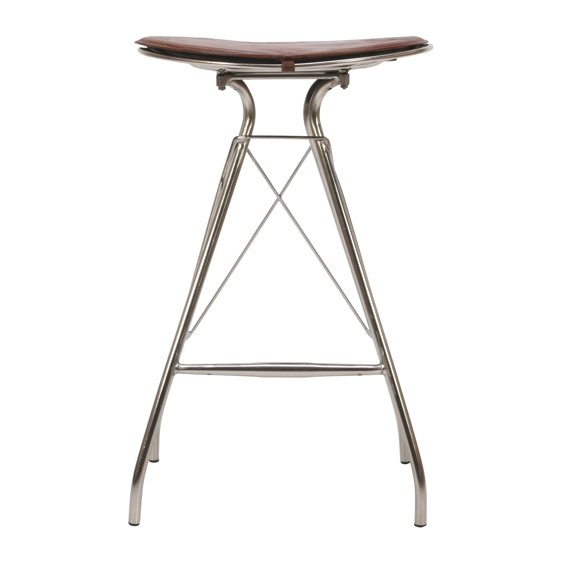 30 Inch Metal Frame Bar Stool, Round Genuine Leather Seat, Dark Brown, Silver Silver Iron