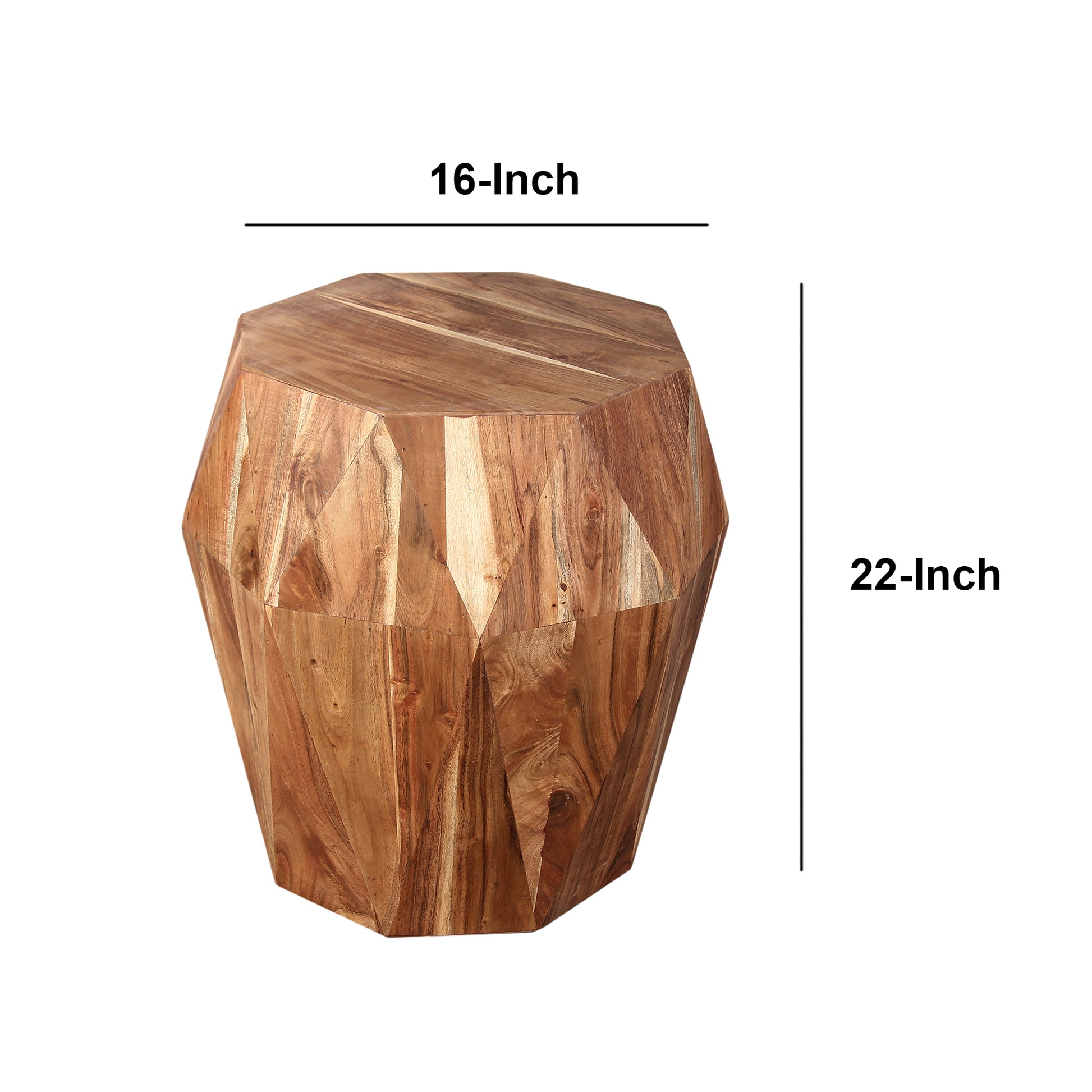 Bon 22 Inch Artisanal End Side Table, Multifaceted Solid Acacia Wood, Octagon Top, Natural Brown Brown Solid Wood