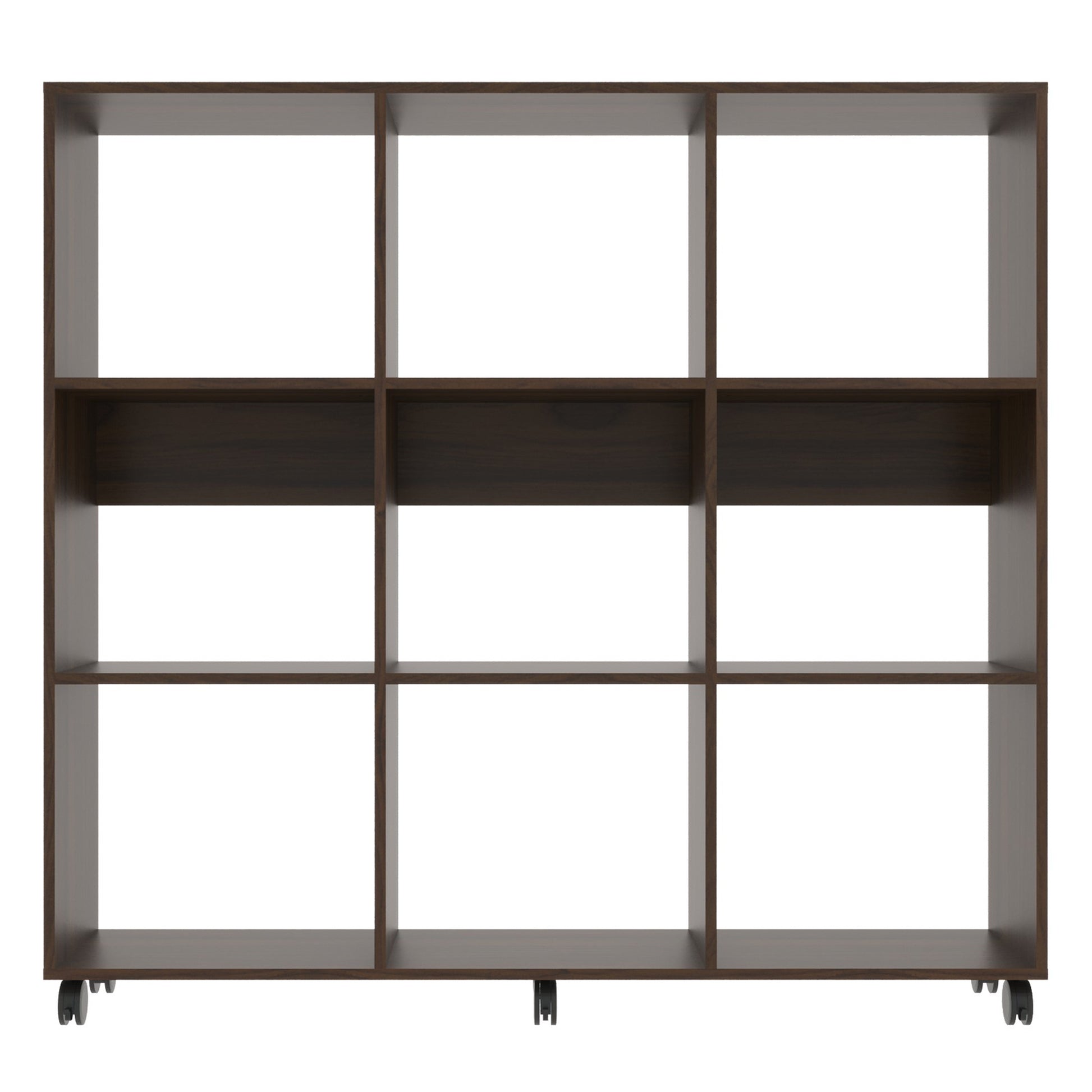 49 Inch Handcrafted Classic Wood Bookcase, 9 Open Compartments, Caster Wheels, Espresso Brown Brown Solid Wood