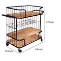 Metal Frame Bar Cart With Wooden Top And 2 Shelves, Black And Brown Brown Solid Wood