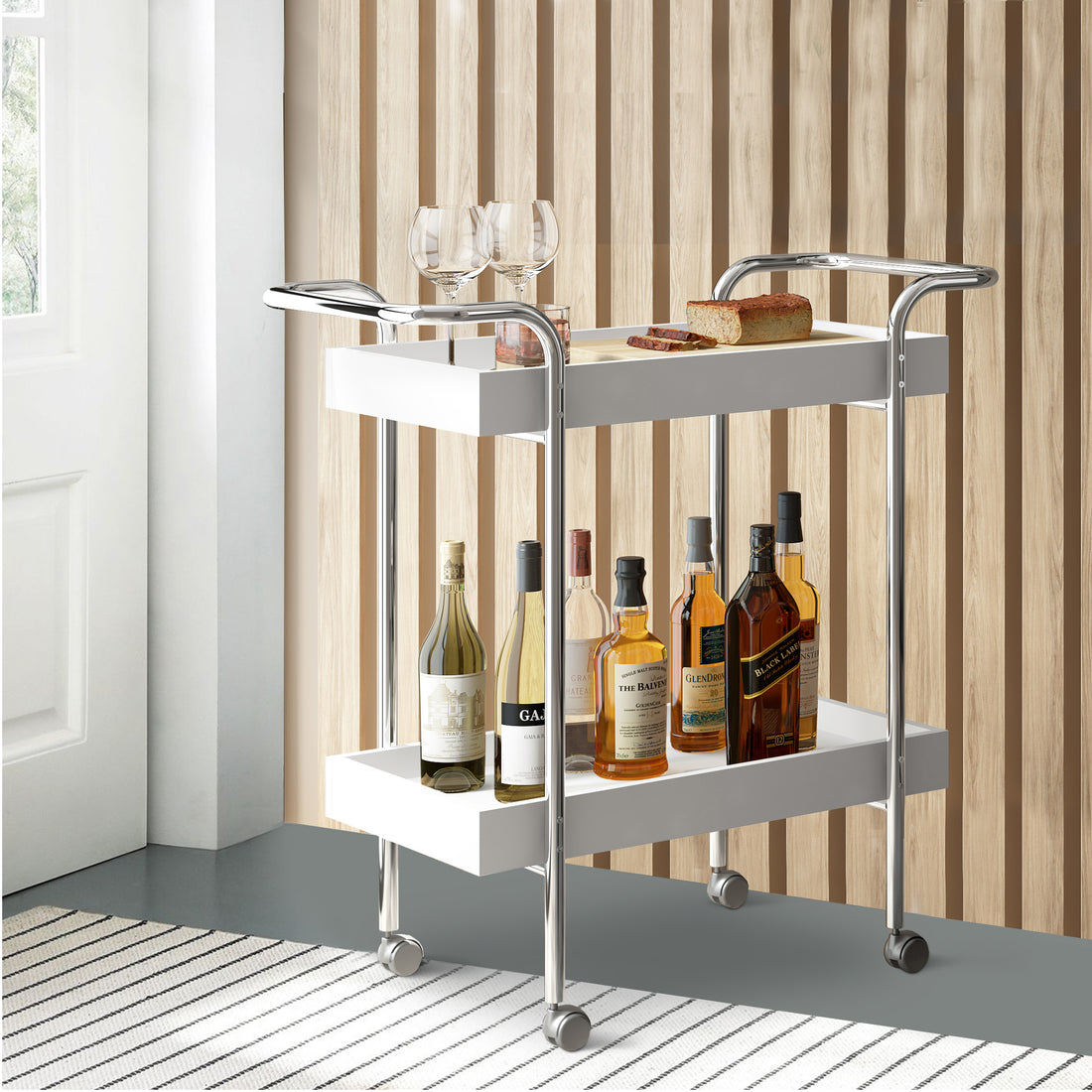 Storage Cart With 2 Tier Design And Metal Frame, White And Chrome White Metal