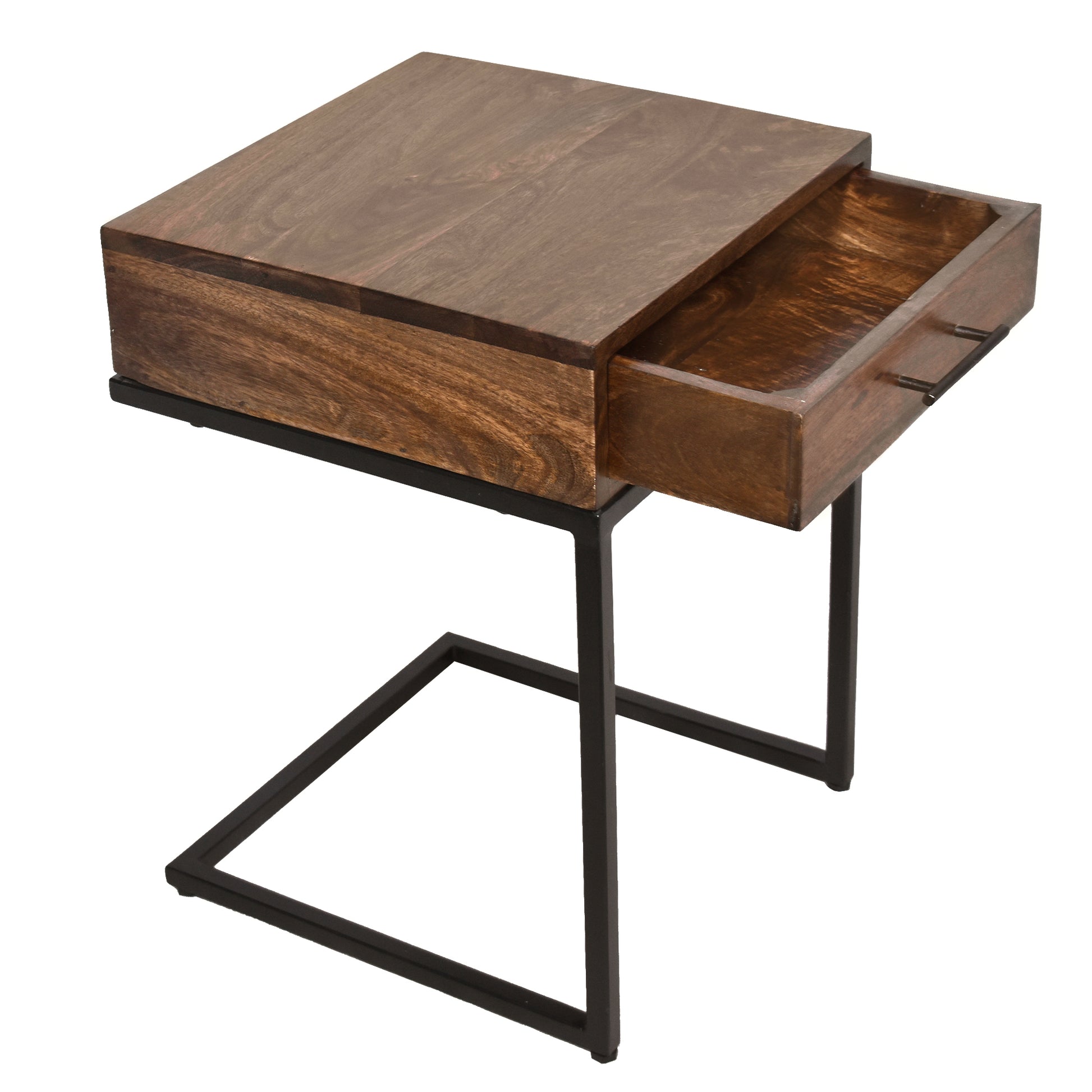 Mango Wood Side Table With Drawer And Cantilever Iron Base, Brown And Black Brown Iron