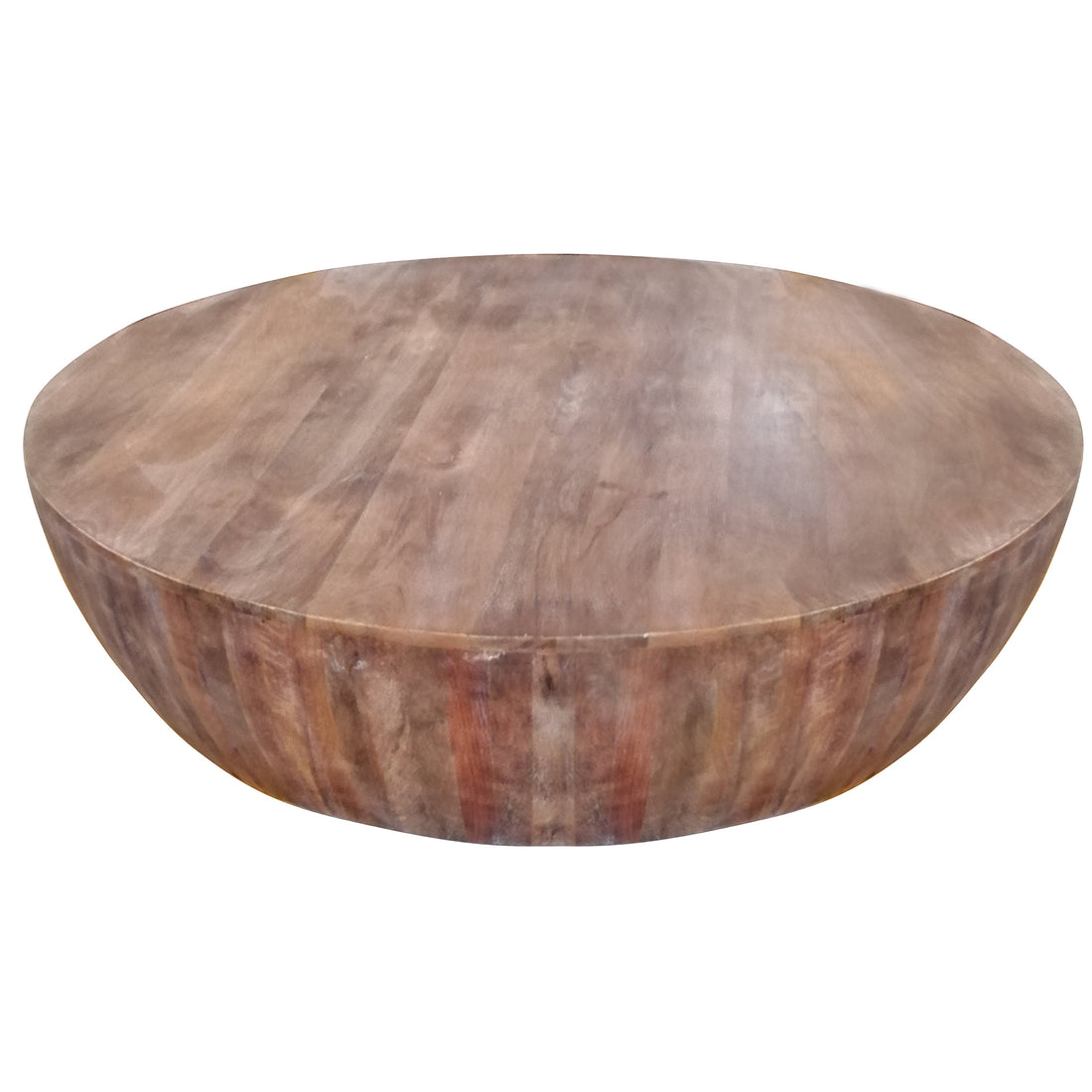 Handcarved Drum Shape Round Top Mango Wood Distressed Wooden Coffee Table, Brown Brown Solid Wood