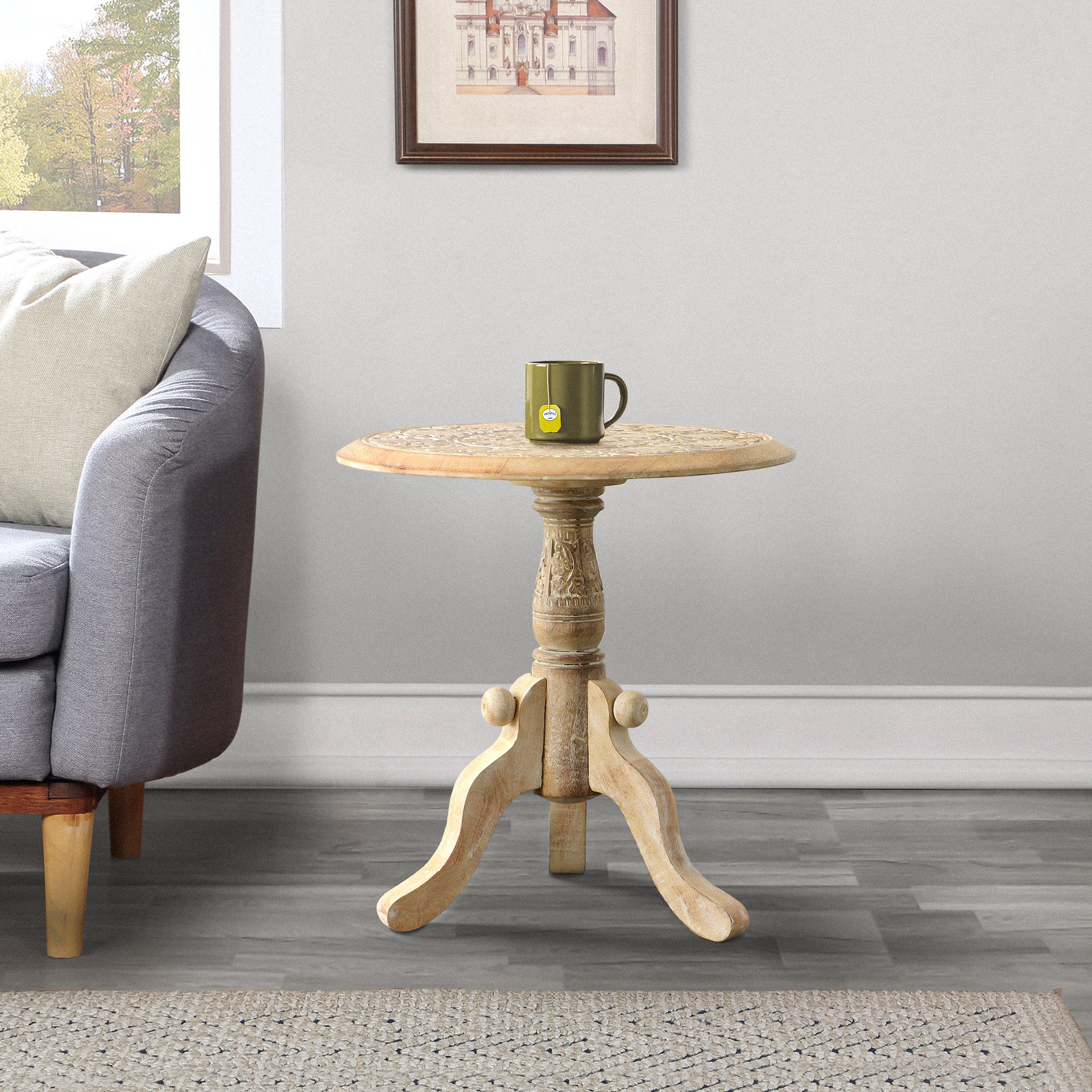 Intricately Carved Round Top Mango Wood Side End Table With Pedestal Base, Brown And White Brown Solid Wood