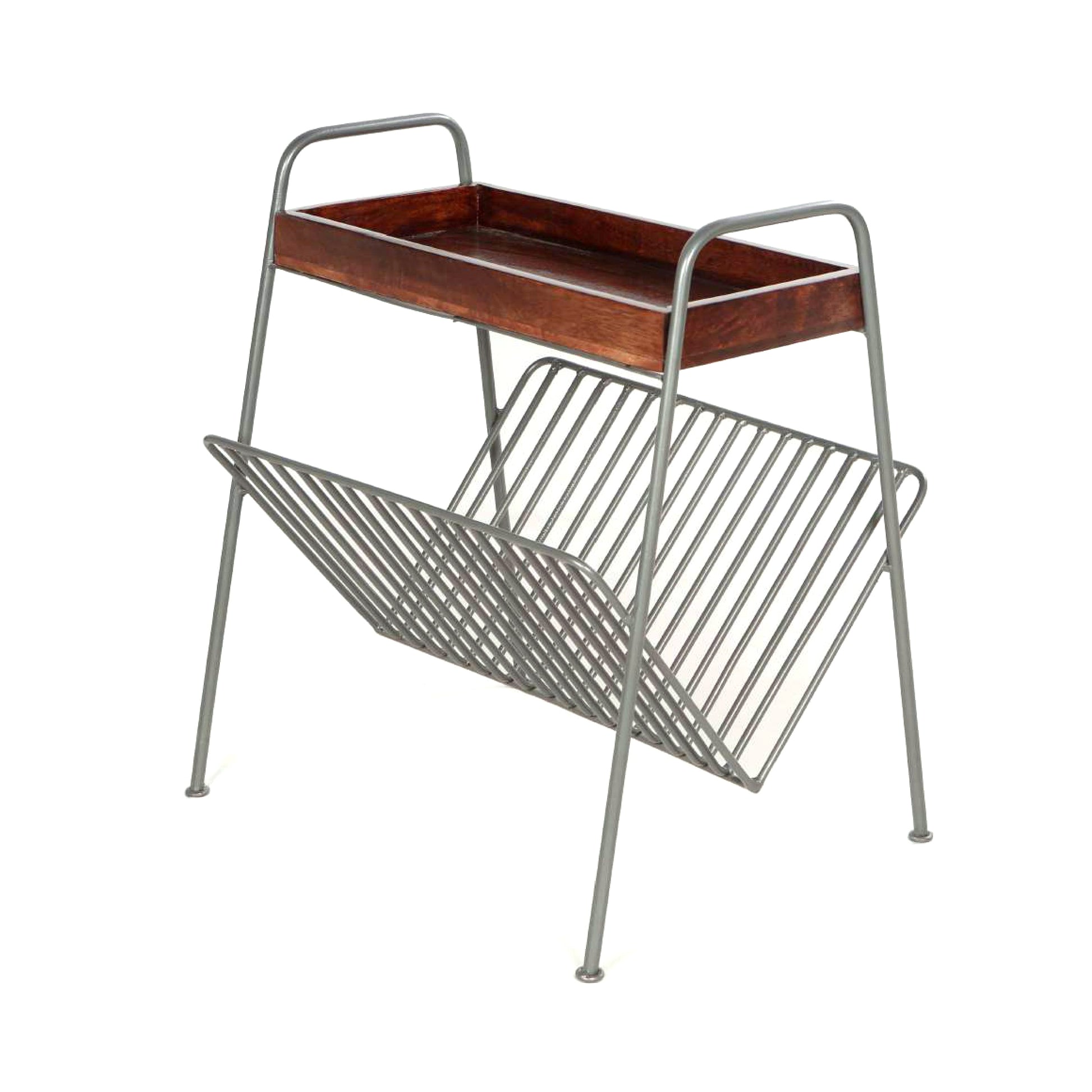 25 Inch Rectangular Metal Frame Side Table, Magazine Rack, Mango Wood Tray Top, Brown, Pewter Gray Gray Iron