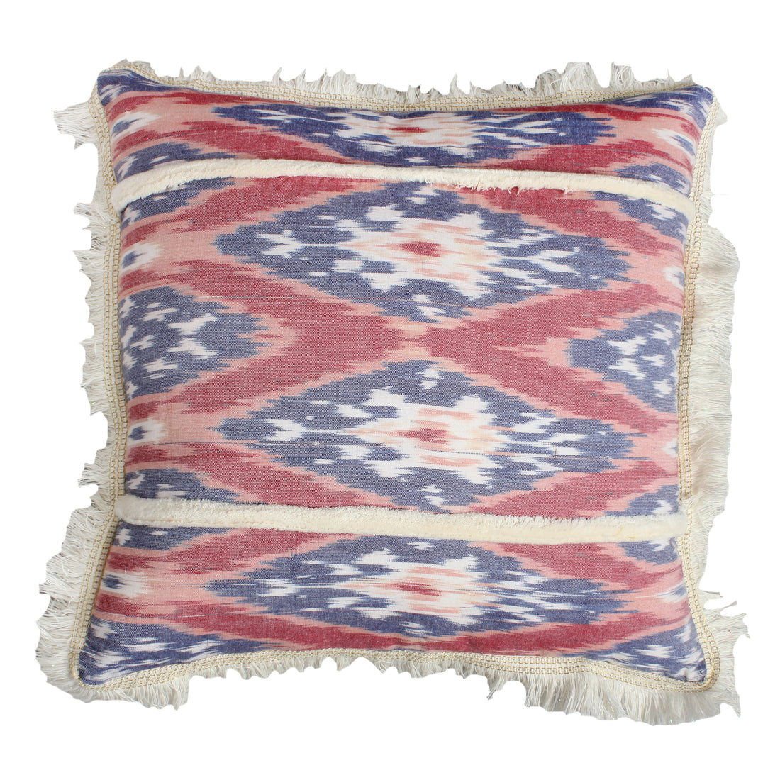 18 X 18 Handcrafted Square Cotton Accent Throw Pillow, Floral Ikat Dyed Pattern, Fringe Accent, Multicolor Red Cotton