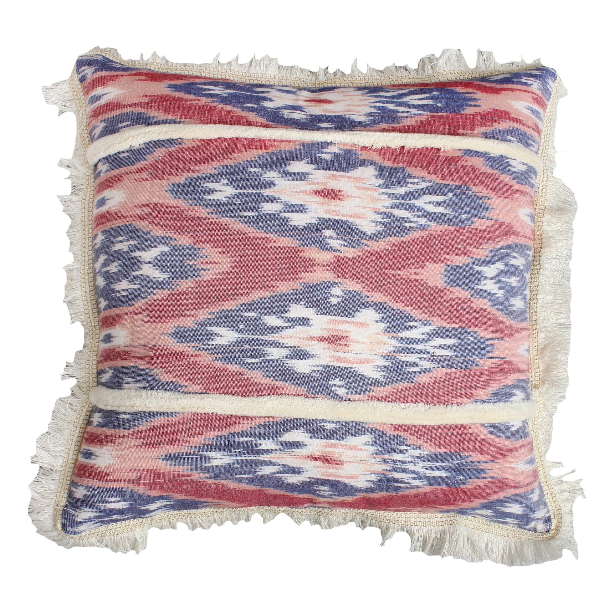 18 X 18 Handcrafted Square Cotton Accent Throw Pillow, Floral Ikat Dyed Pattern, Fringe Accent, Multicolor Red Cotton