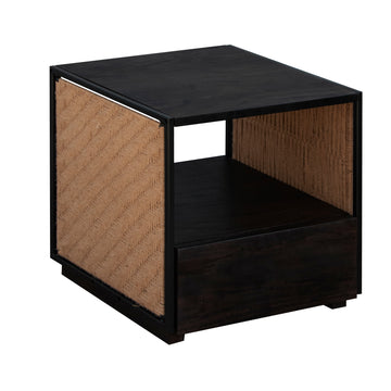 21 Inch Handcrafted Acacia Wood Side Table Nightstand, Woven Jute Side Panels, Brown, Black Black Solid Wood