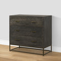 Roy 32 Inch 3 Drawer Mango Wood Dresser Chest, Rustic Bronze Metal Frame, Gray Gray Solid Wood