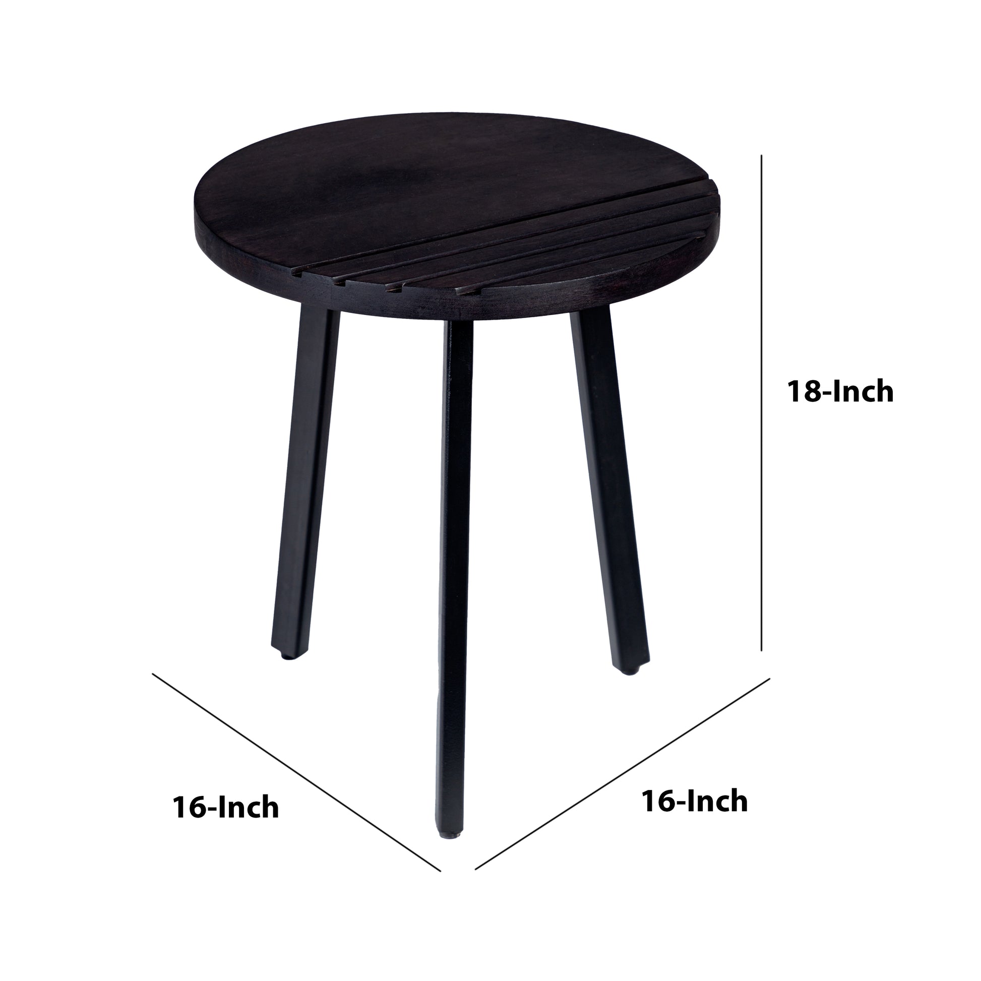 18 Inch Round Mango Wood Side End Table, Grooved Design, Metal Legs, Black Black Solid Wood
