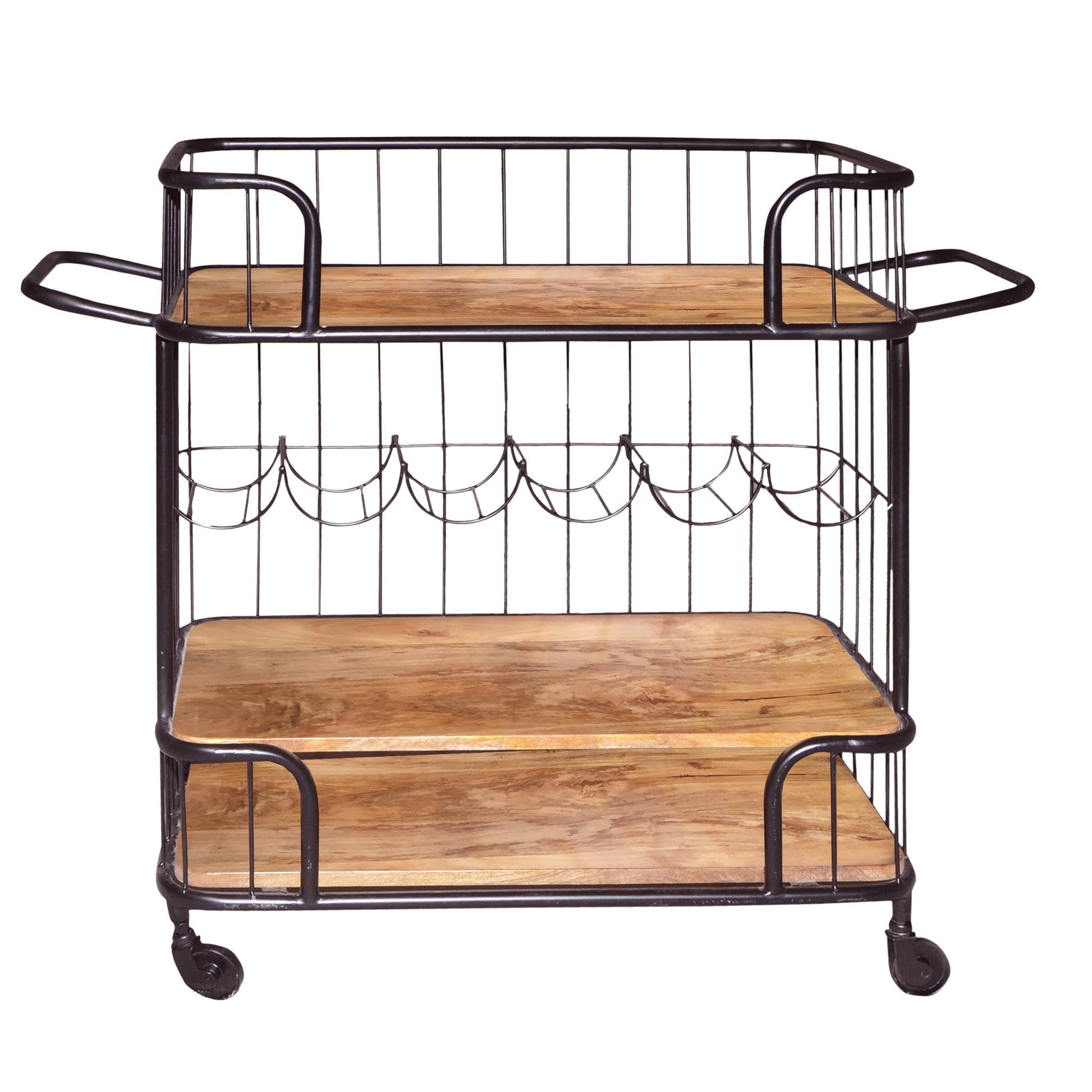 Metal Frame Bar Cart With Wooden Top And 2 Shelves, Black And Brown Brown Solid Wood