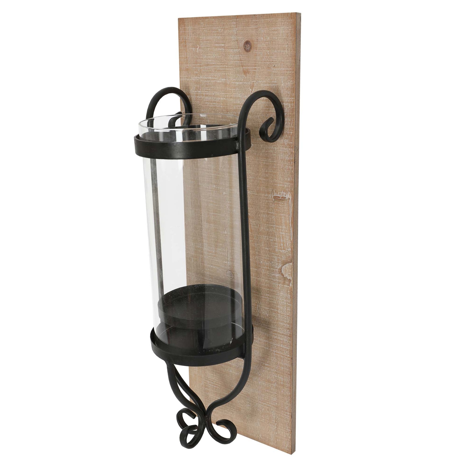 21 Inch Industrial Wall Mount Wood Candle Holder With Glass Hurrican, Set Of 2, Black Brown Solid Wood