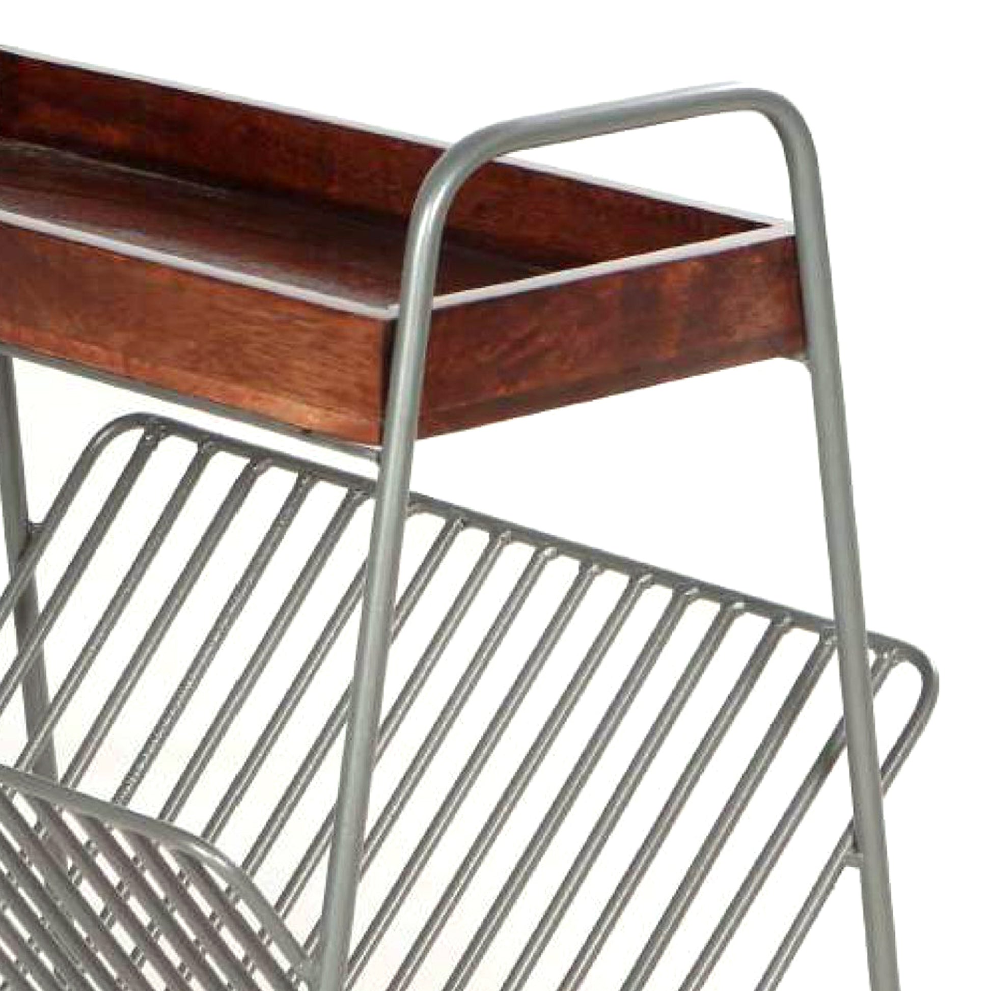 25 Inch Rectangular Metal Frame Side Table, Magazine Rack, Mango Wood Tray Top, Brown, Pewter Gray Gray Iron