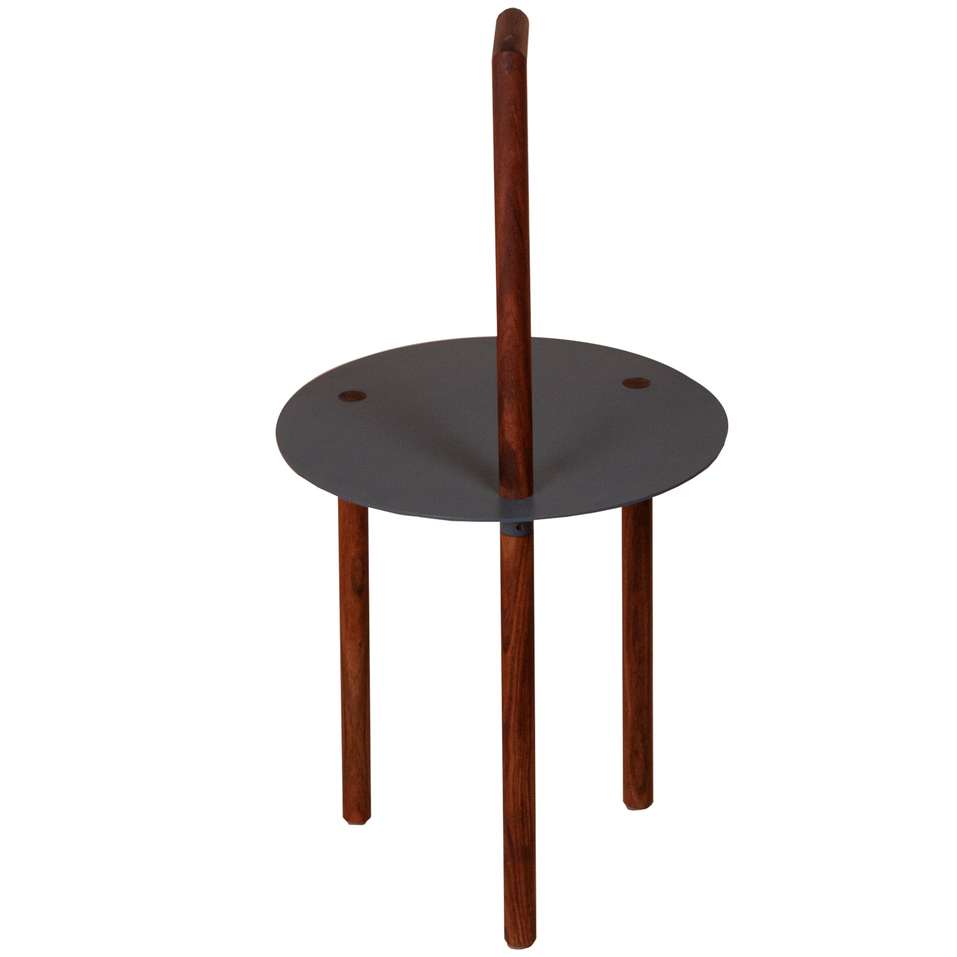 29 Inch Round Metal Top End Table With Inbuilt Wooden Pole, Brown And Black Brown Solid Wood