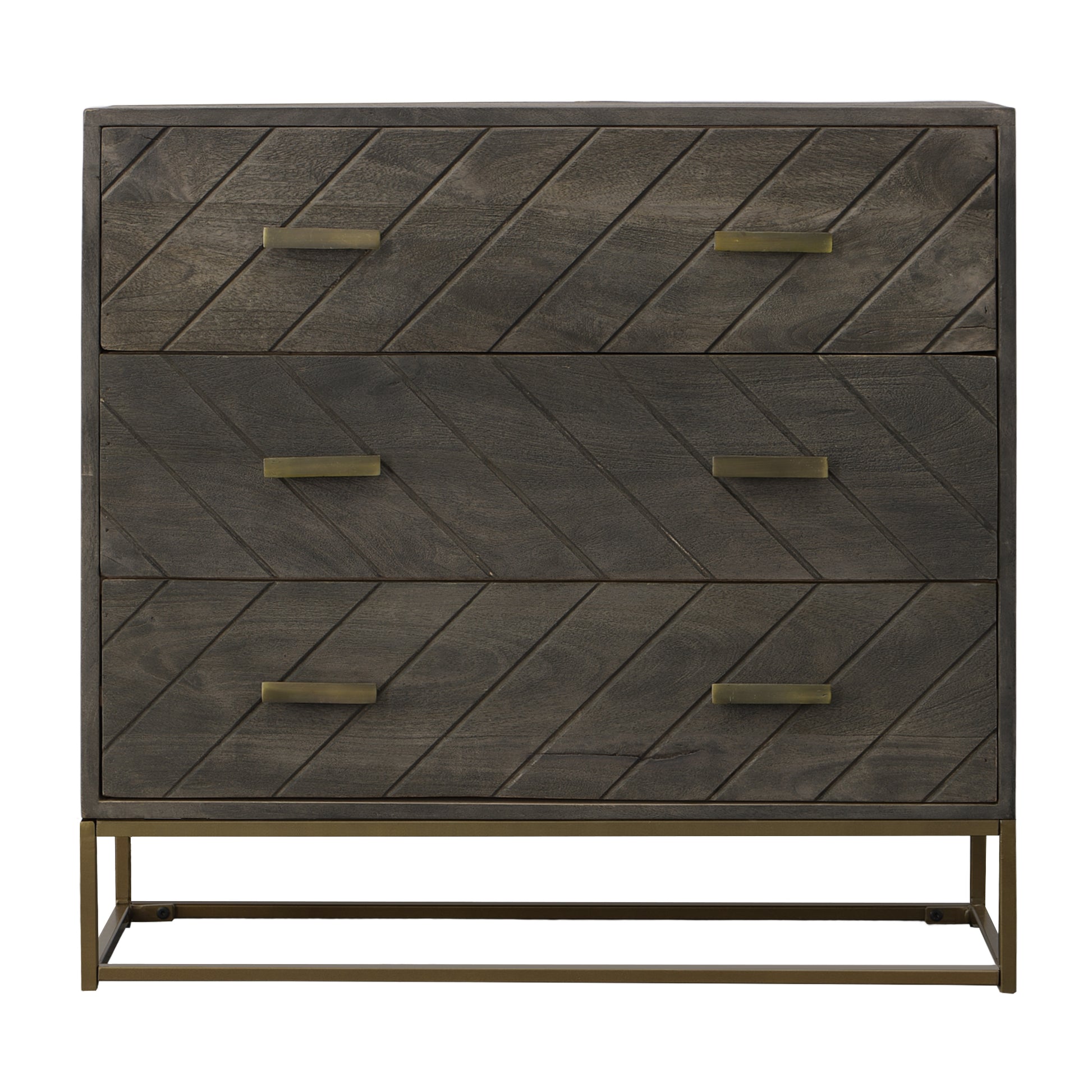 Roy 32 Inch 3 Drawer Mango Wood Dresser Chest, Rustic Bronze Metal Frame, Gray Gray Solid Wood