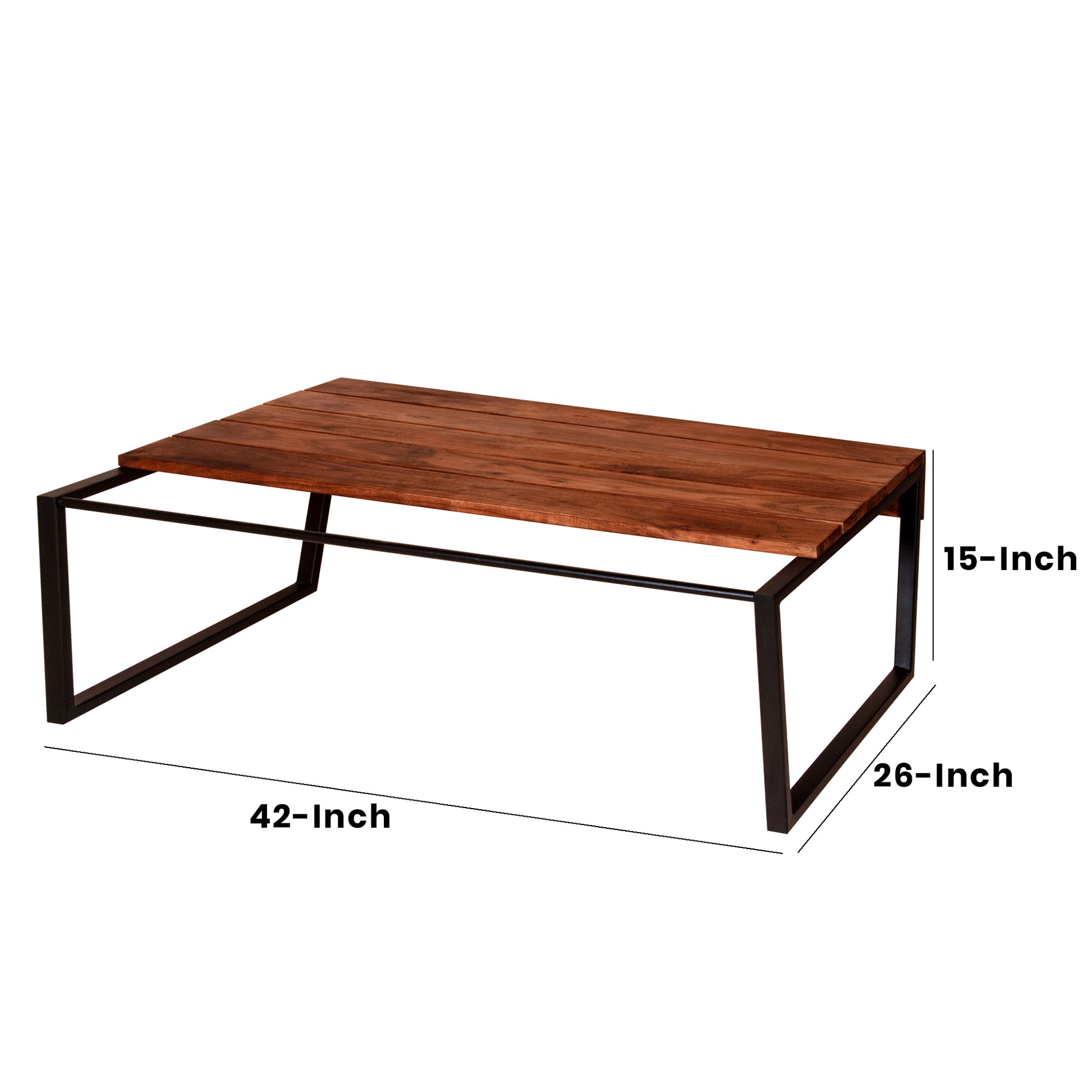 41.7 Inch Rectangular Coffee Table With Plank Style Top, Metal Frame, Brown And Black Brown Solid Wood