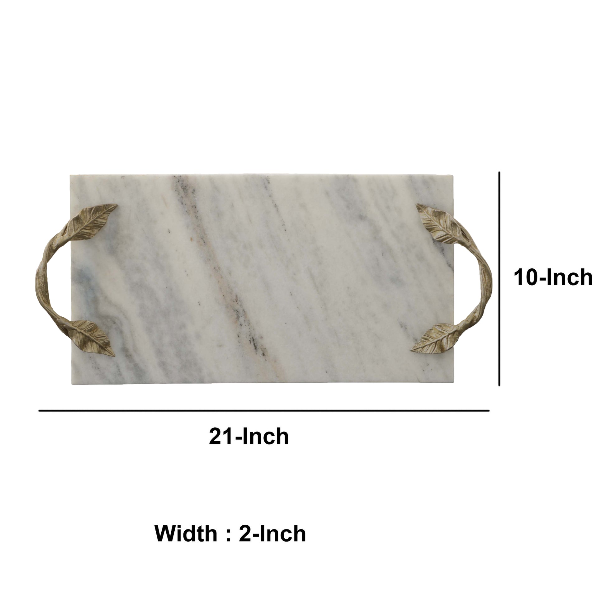 Decor Tray With Marble Frame And Carved Metal Handles, White And Gold White Marble