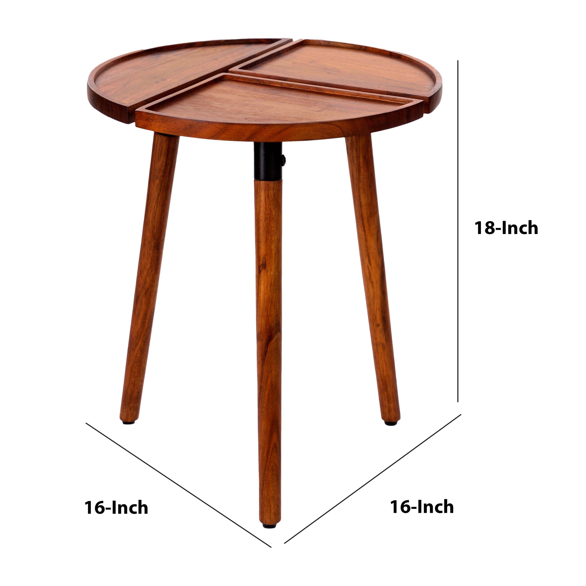 18 Inch Round Acacia Wood Side Accent End Table With 3 Tabletop Sections, Warm Brown Brown Solid Wood