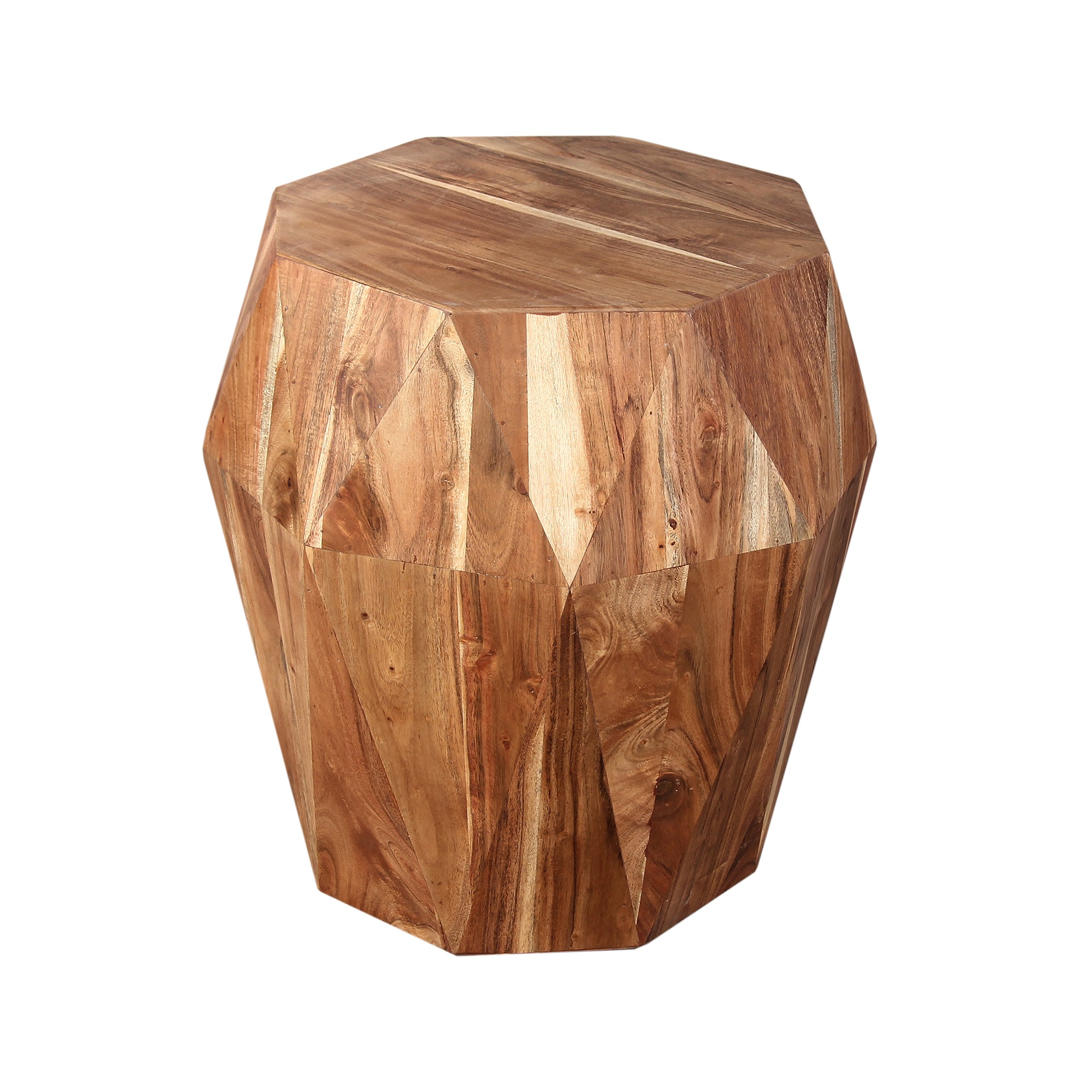 Bon 22 Inch Artisanal End Side Table, Multifaceted Solid Acacia Wood, Octagon Top, Natural Brown Brown Solid Wood