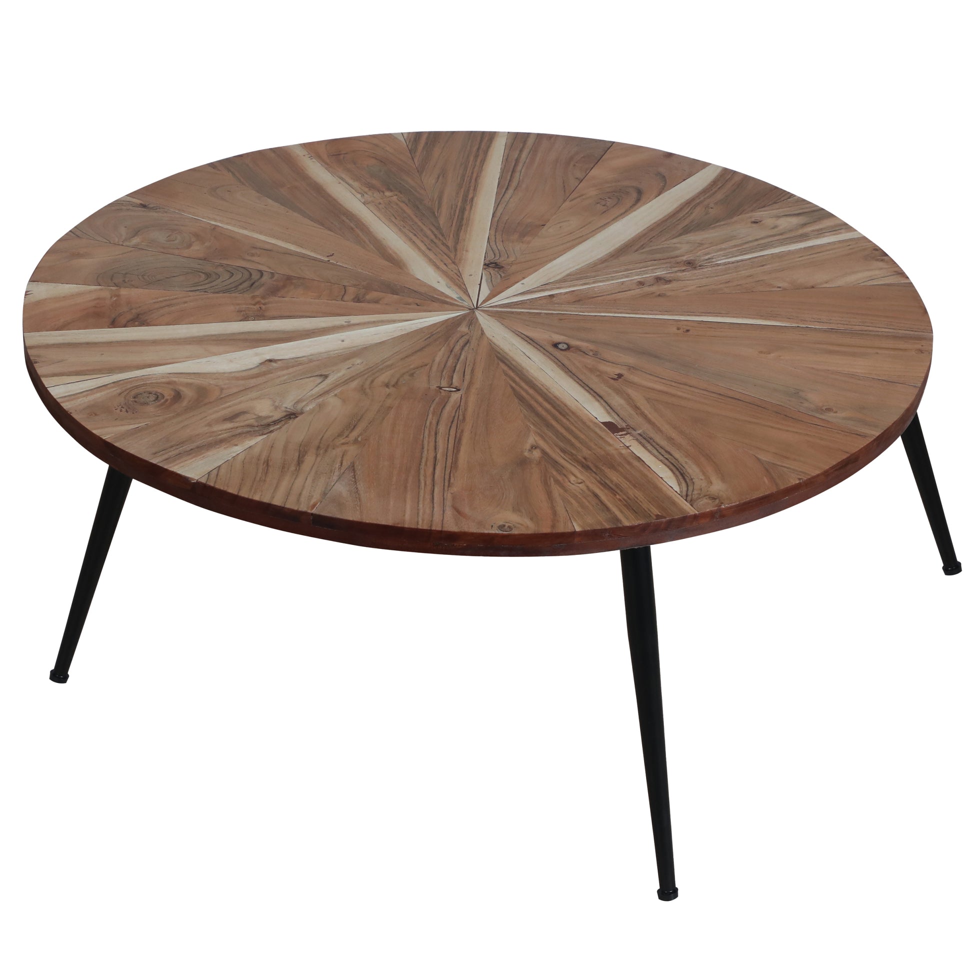 31 Inch Round Mango Wood Coffee Table, Sunburst Design, Tapered Iron Legs, Brown, Black Brown Solid Wood