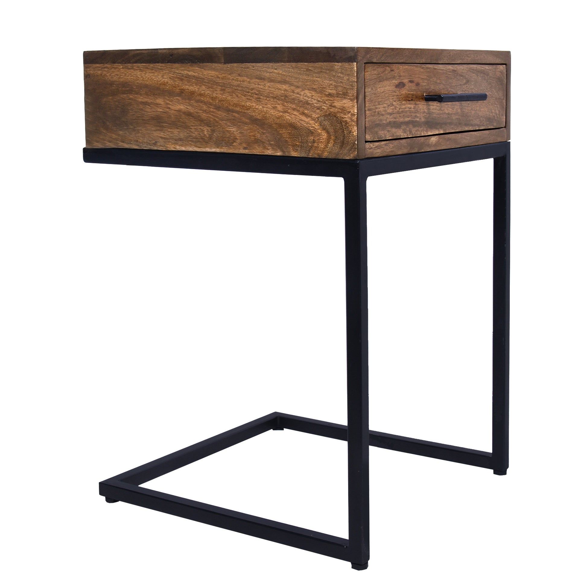 Mango Wood Side Table With Drawer And Cantilever Iron Base, Brown And Black Brown Iron