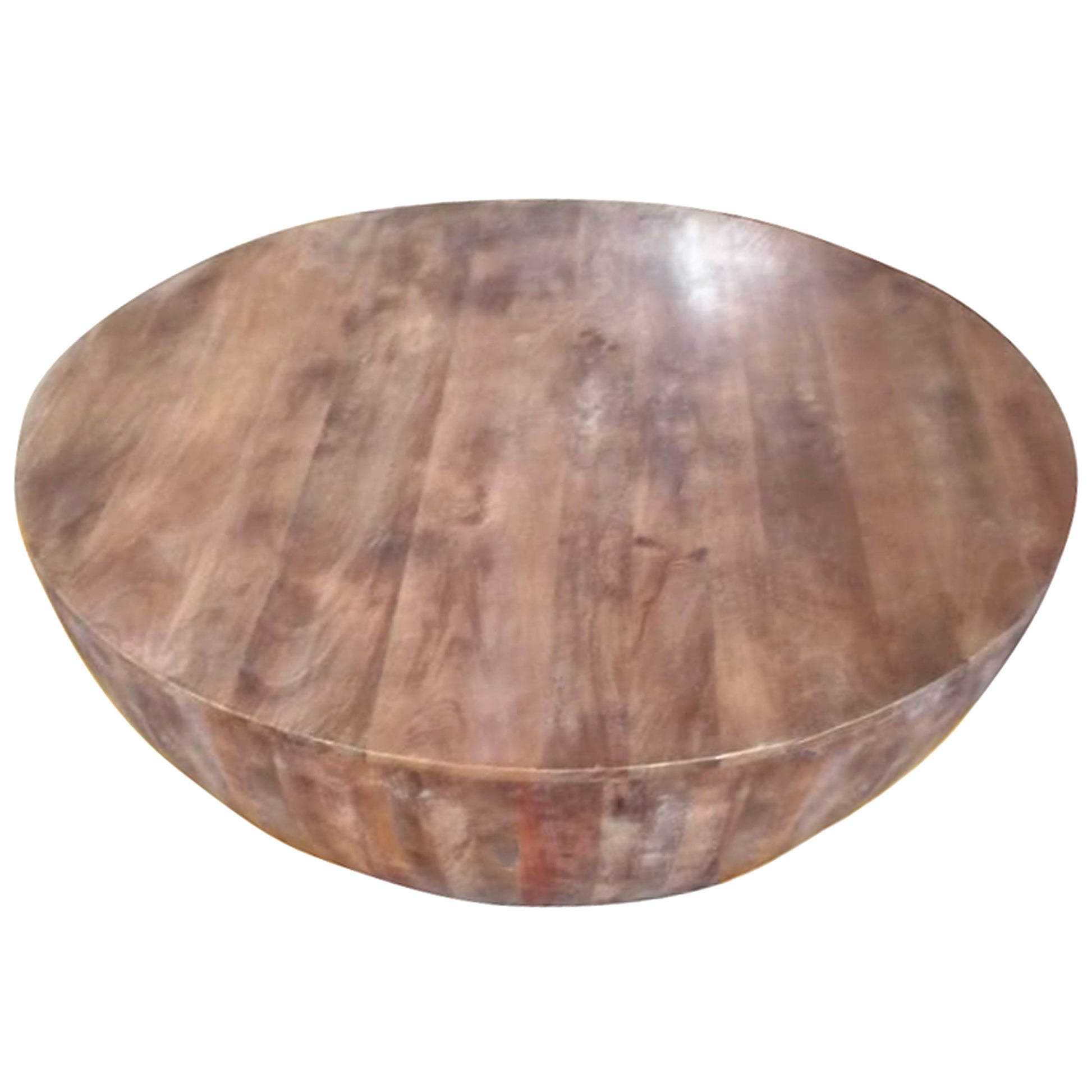 Handcarved Drum Shape Round Top Mango Wood Distressed Wooden Coffee Table, Brown Brown Solid Wood