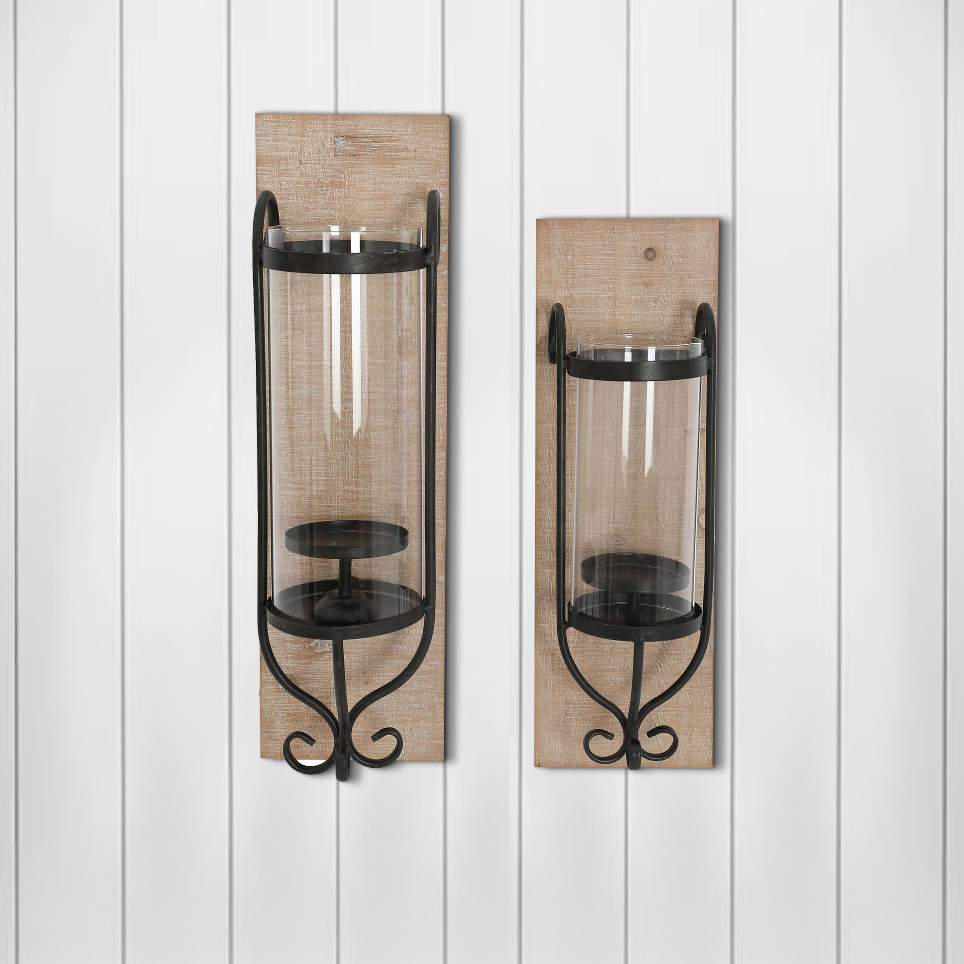 21 Inch Industrial Wall Mount Wood Candle Holder With Glass Hurrican, Set Of 2, Black Brown Solid Wood