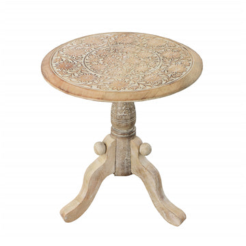 Intricately Carved Round Top Mango Wood Side End Table With Pedestal Base, Brown And White Brown Solid Wood