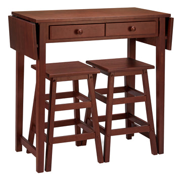 3 Piece Handcrafted Kitchen Island Breakfast Table Set, 2 Drawers, Rubberwood, Stools, Walnut Brown Brown Solid Wood