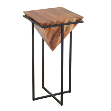 30 Inch Pyramid Shape Wooden Side Table With Cross Metal Base, Brown And Black Brown Solid Wood