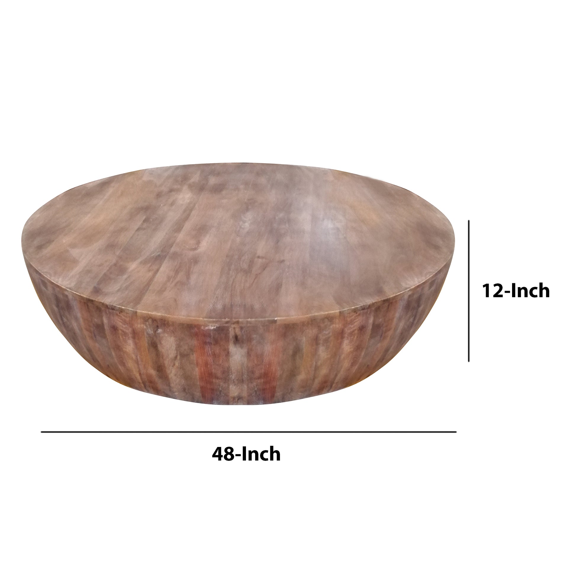 Handcarved Drum Shape Round Top Mango Wood Distressed Wooden Coffee Table, Brown Brown Solid Wood