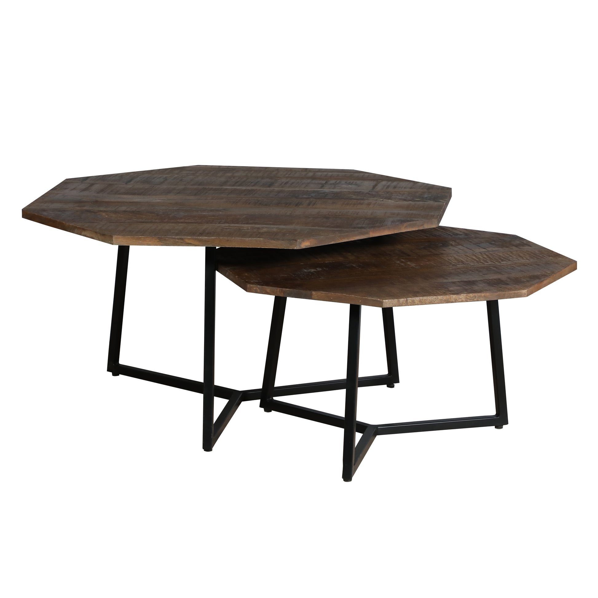 35, 28 Inch 2 Piece Nesting Coffee Table Set, Octagon Top, Mango Wood, Brown And Black Brown Solid Wood