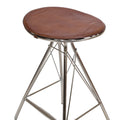 30 Inch Metal Frame Bar Stool, Round Genuine Leather Seat, Dark Brown, Silver Silver Iron