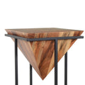 30 Inch Pyramid Shape Wooden Side Table With Cross Metal Base, Brown And Black Brown Solid Wood