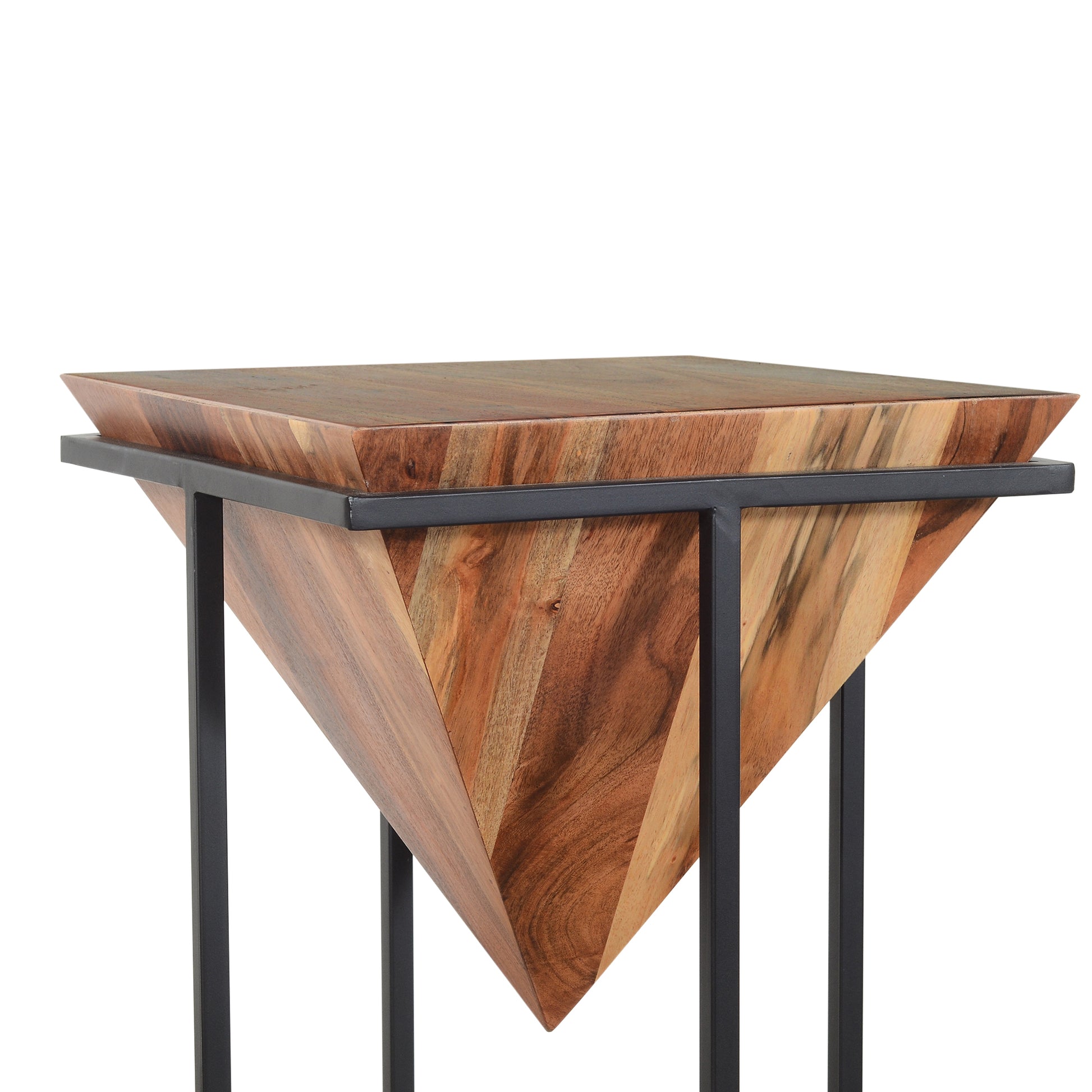 30 Inch Pyramid Shape Wooden Side Table With Cross Metal Base, Brown And Black Brown Solid Wood