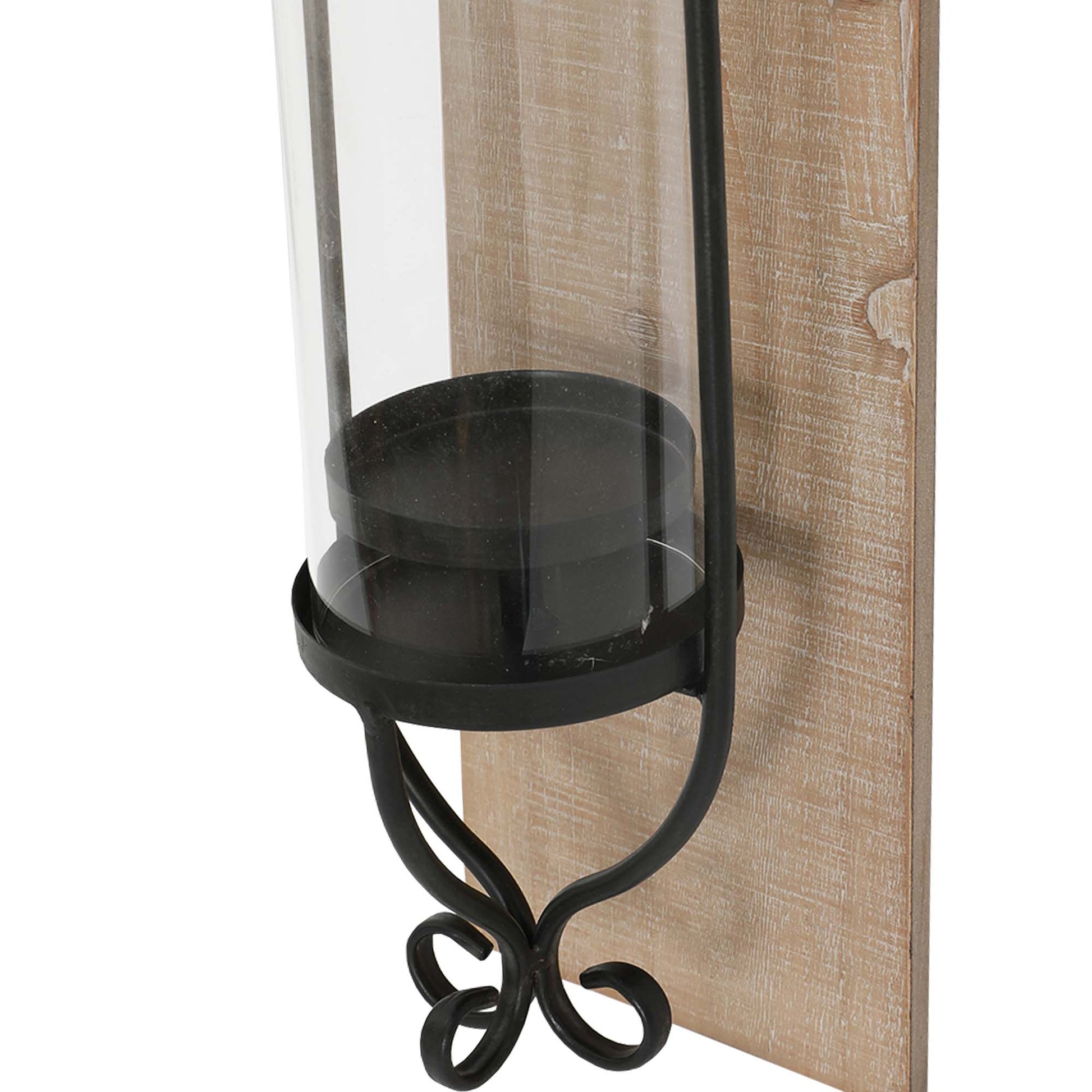 21 Inch Industrial Wall Mount Wood Candle Holder With Glass Hurrican, Set Of 2, Black Brown Solid Wood