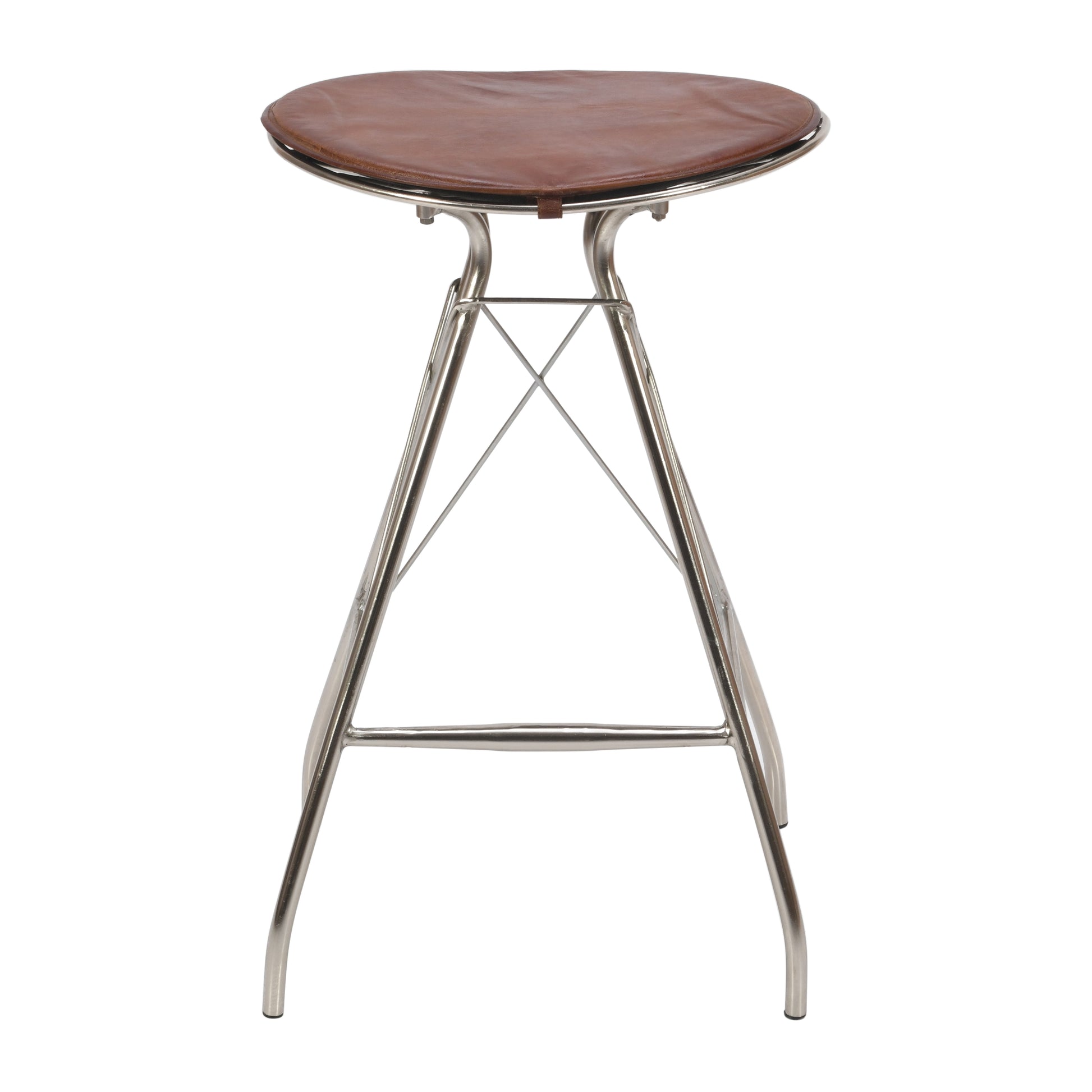 30 Inch Metal Frame Bar Stool, Round Genuine Leather Seat, Dark Brown, Silver Silver Iron