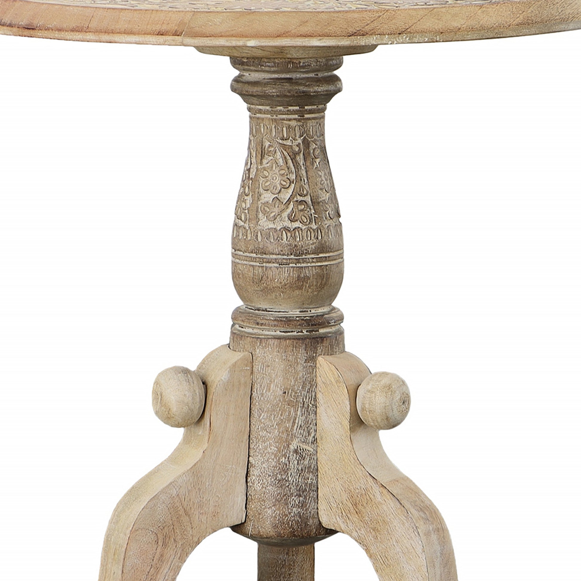 Intricately Carved Round Top Mango Wood Side End Table With Pedestal Base, Brown And White Brown Solid Wood