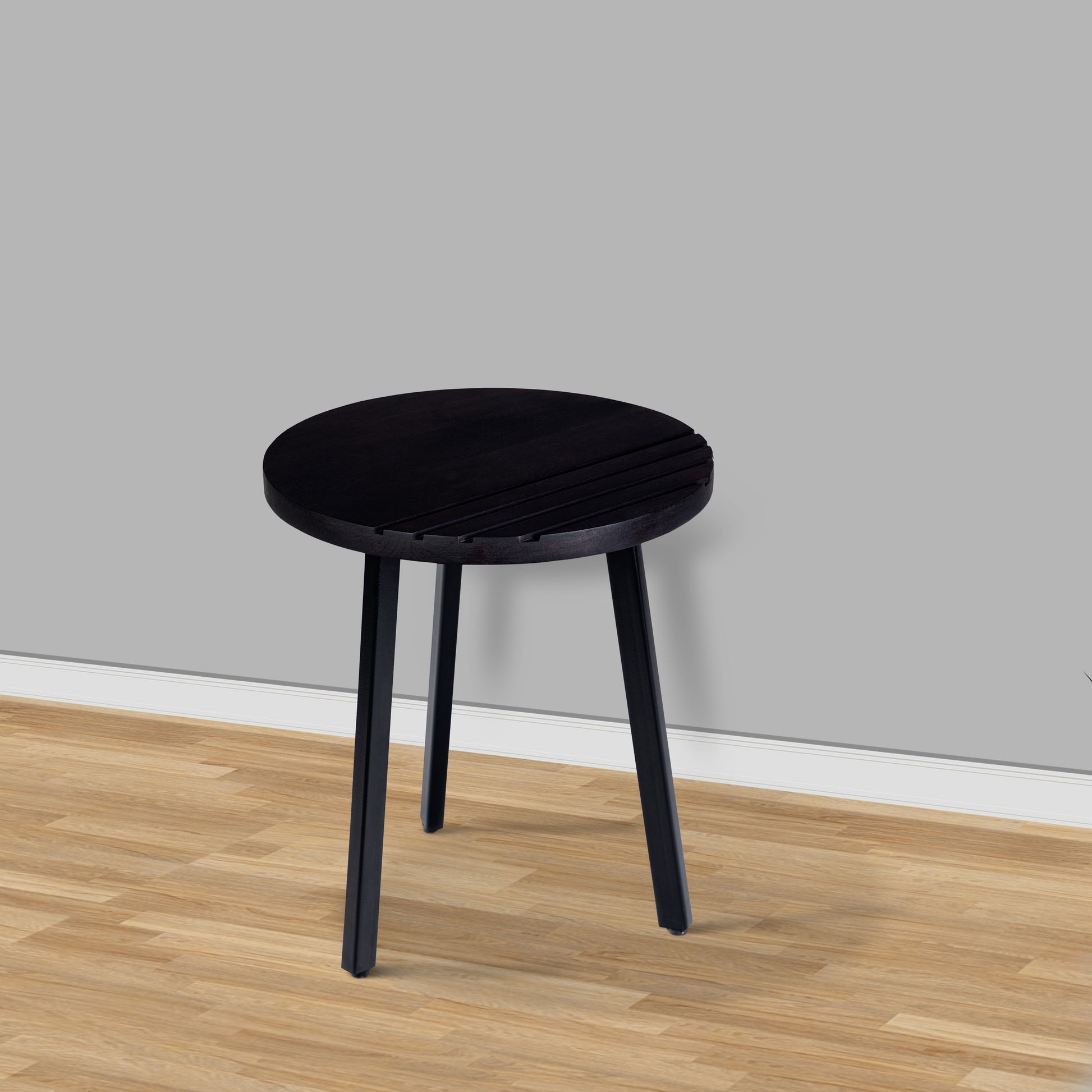 18 Inch Round Mango Wood Side End Table, Grooved Design, Metal Legs, Black Black Solid Wood