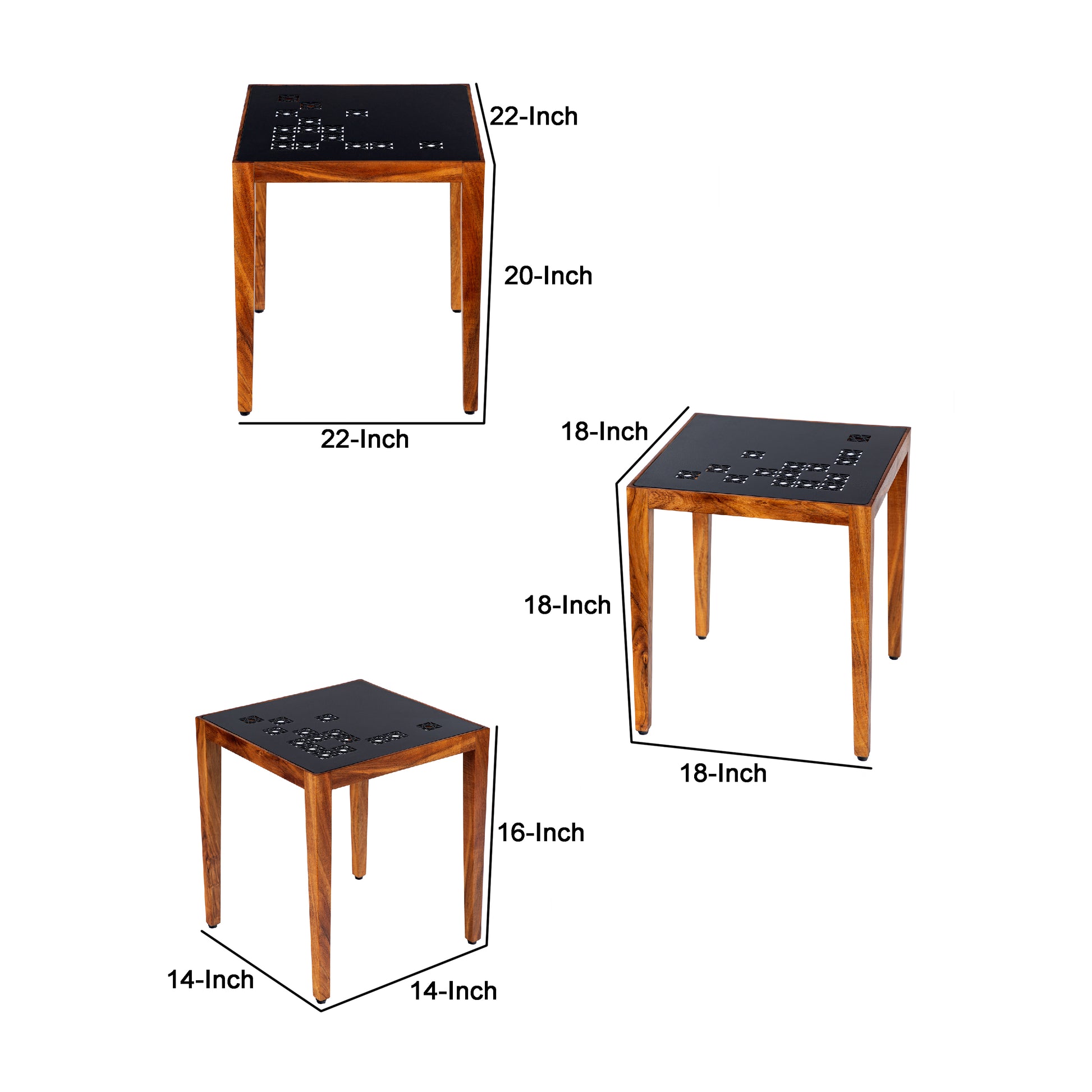 Alba 22 Inch 3 Piece Nesting Table Set, Laser Cut Metal, Black, Brown Black Solid Wood