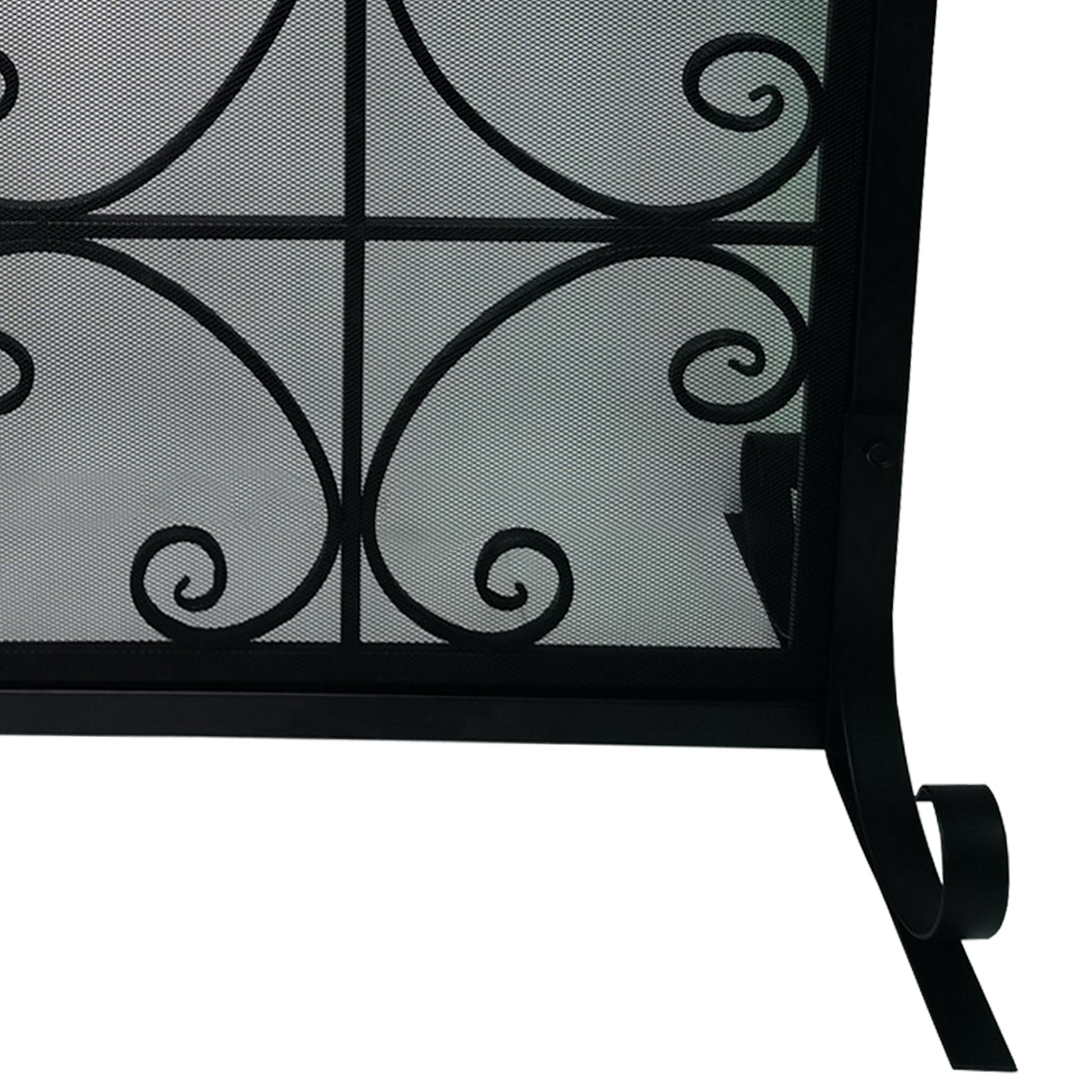 43 Inches 2 Door Iron Fireplace Screen, Mesh Design, Scrollwork, Black Black Iron