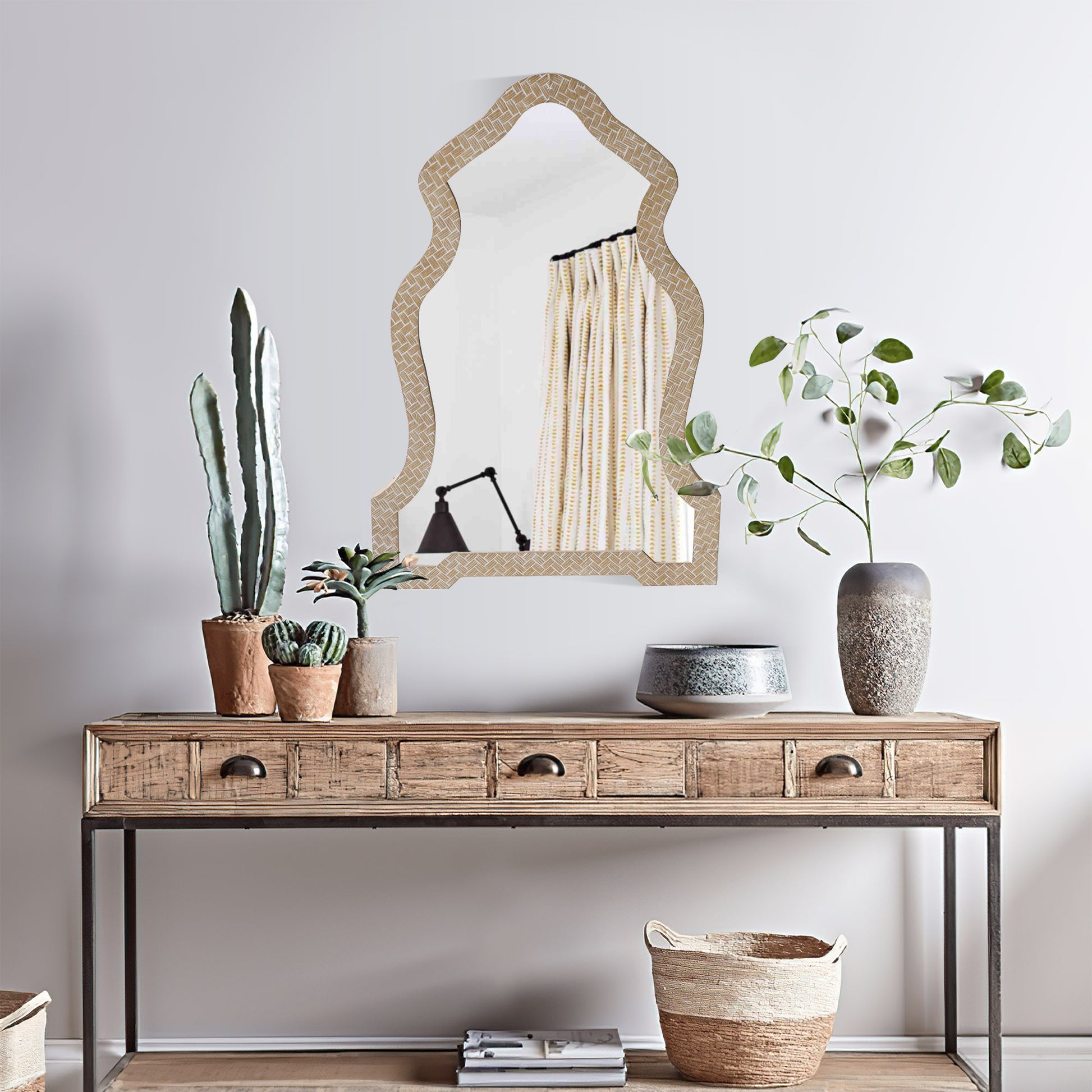 Soped Top Wooden Framed Wall Mirror With Geometric Texture, Brown Brown Mdf