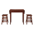 3 Piece Handcrafted Kitchen Island Breakfast Table Set, 2 Drawers, Rubberwood, Stools, Walnut Brown Brown Solid Wood