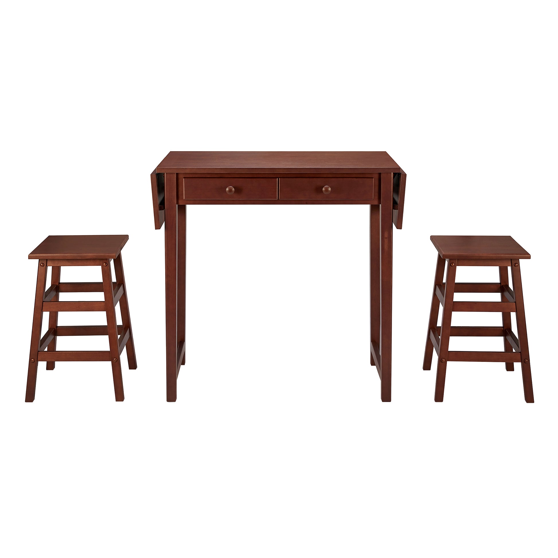 3 Piece Handcrafted Kitchen Island Breakfast Table Set, 2 Drawers, Rubberwood, Stools, Walnut Brown Brown Solid Wood