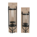 21 Inch Industrial Wall Mount Wood Candle Holder With Glass Hurrican, Set Of 2, Black Brown Solid Wood