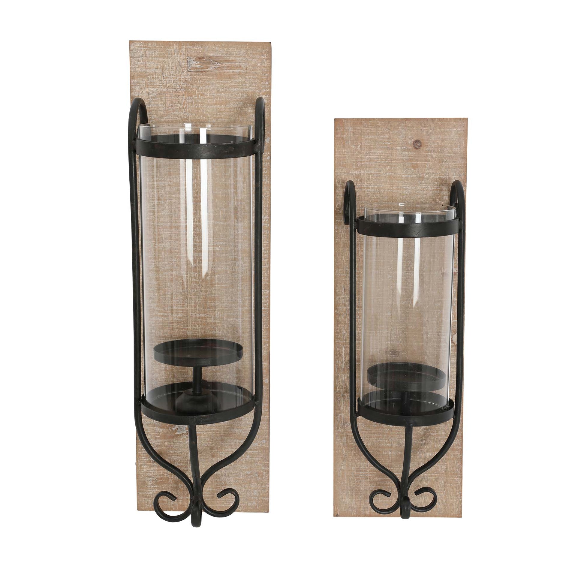 21 Inch Industrial Wall Mount Wood Candle Holder With Glass Hurrican, Set Of 2, Black Brown Solid Wood