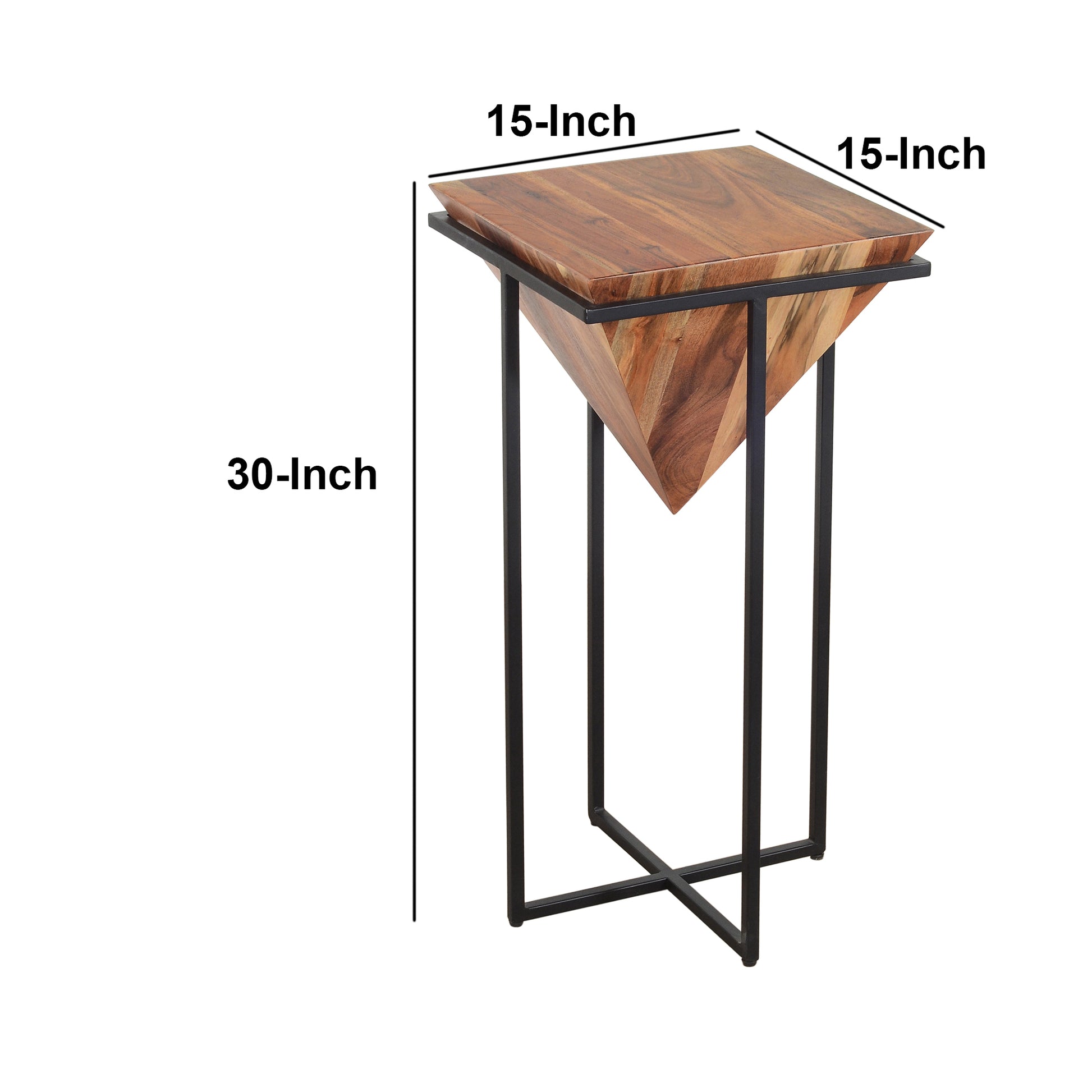 30 Inch Pyramid Shape Wooden Side Table With Cross Metal Base, Brown And Black Brown Solid Wood