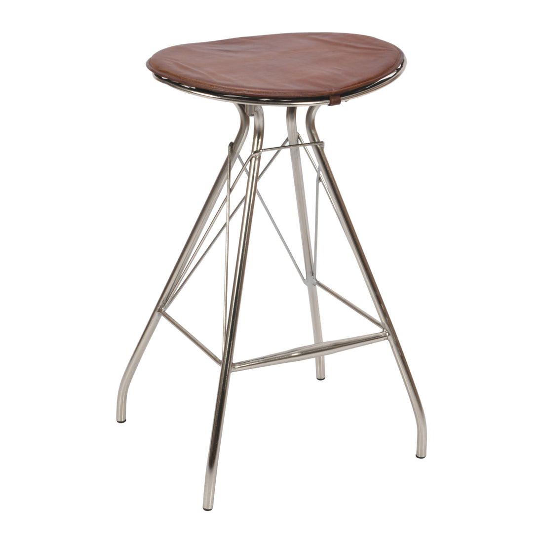 30 Inch Metal Frame Bar Stool, Round Genuine Leather Seat, Dark Brown, Silver Silver Iron