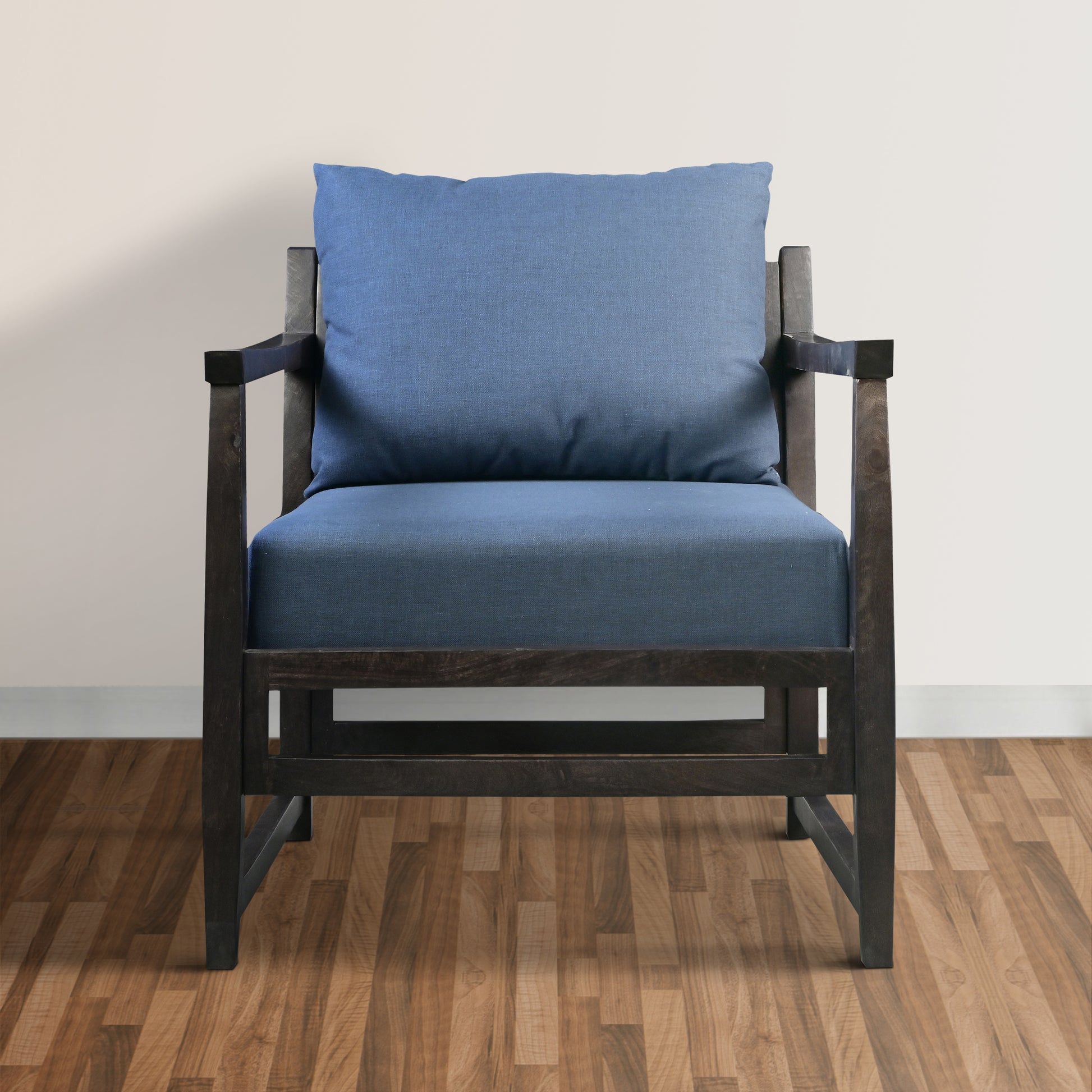 Malibu 27 Inch Handcrafted Mango Wood Accent Chair, Fabric, Pillow Back, Open Frame, Blue, Black Blue Solid Wood